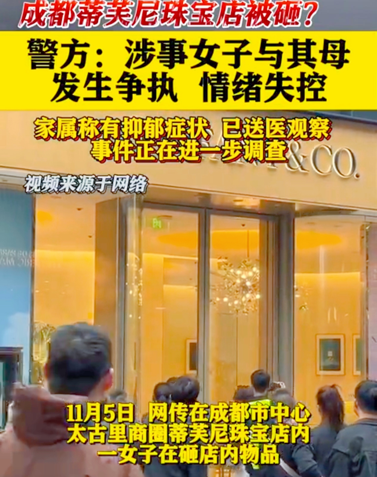 成都太古里惊现惊人一幕：Tiffanv 店竟被砸了！
 
据悉，22 岁的周某在母亲陪同下先是看病，后在太古里逛街。在 Tiffanv 店内，她与母亲争执后情绪爆发，用盆栽、座椅砸坏柜台和商品，还赶走