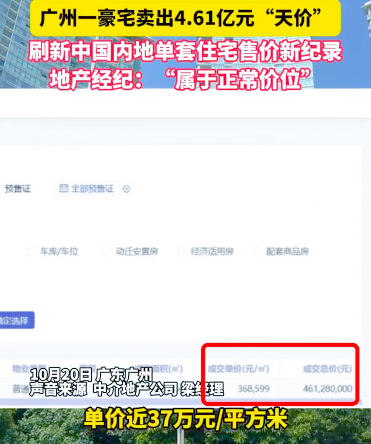 “楼市风云变幻，谁能独占鳌头？”
 
近日，广州珠江新城的侨鑫汇悦台成为了众人瞩目的焦点。一套大单元以近 37 万元/平方米的单价、4.61 亿元的总价成功网签，这一惊人的数字不仅刷新了该楼盘自身的成