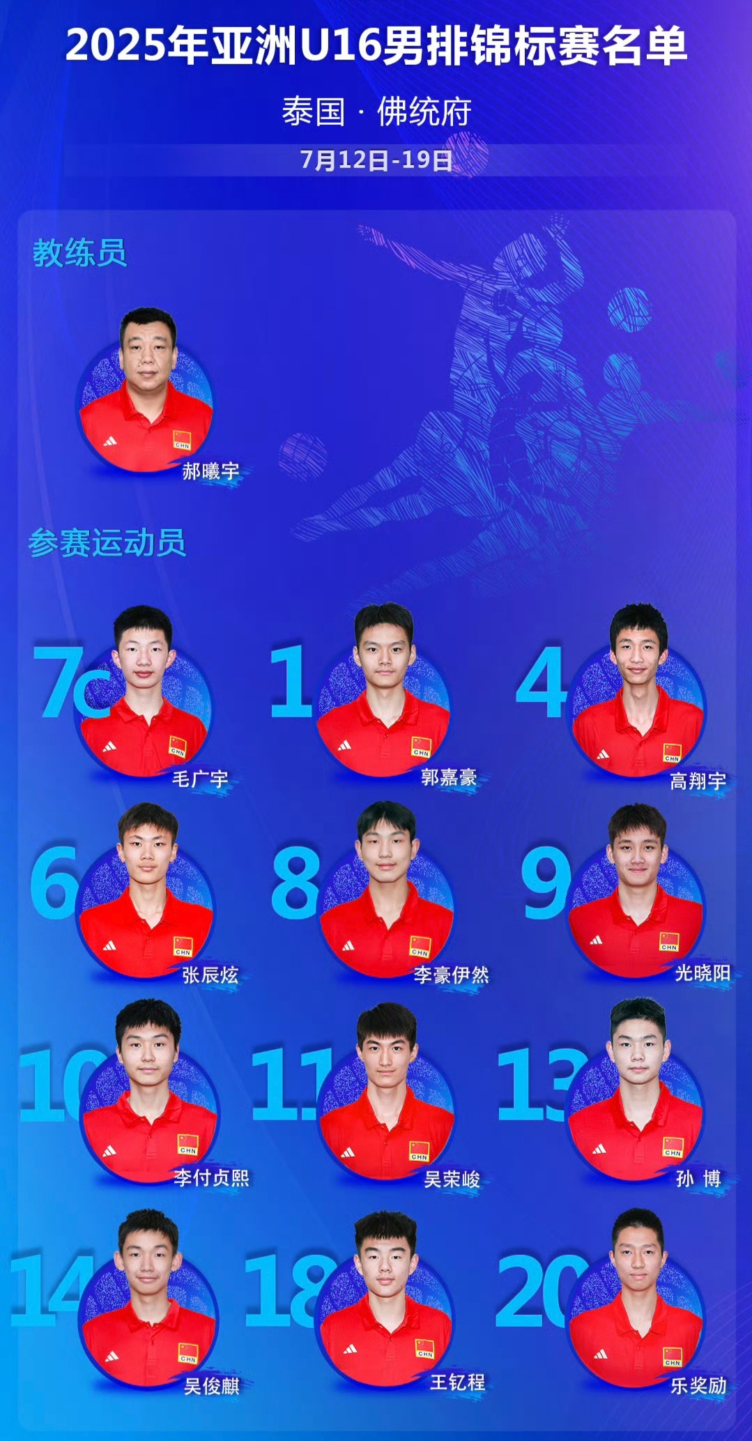 U16男排亚锦赛于7月12-19日在泰国举行，16支参赛队被分为四个小组，中国男排和澳大利亚、泰国、印度等同分在A组，小组赛程如下：
7月12日16：00中国VS澳大利亚
7月13日18：30中国VS