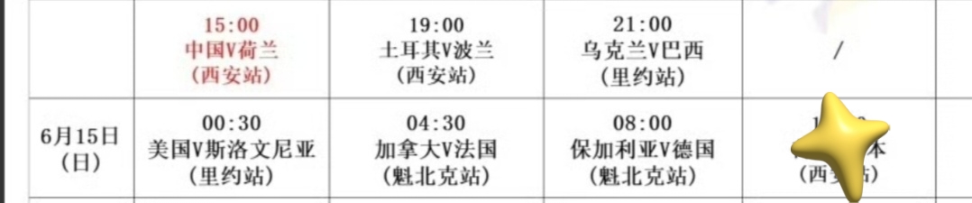 世界男排联赛6月14、15时间段一共有6场比赛，具体赛程如下：
6月14日
15：00中国VS荷兰
19：00土耳其VS波兰
21：00乌克兰VS巴西

6月15日
00：30美国VS斯洛文尼亚
04