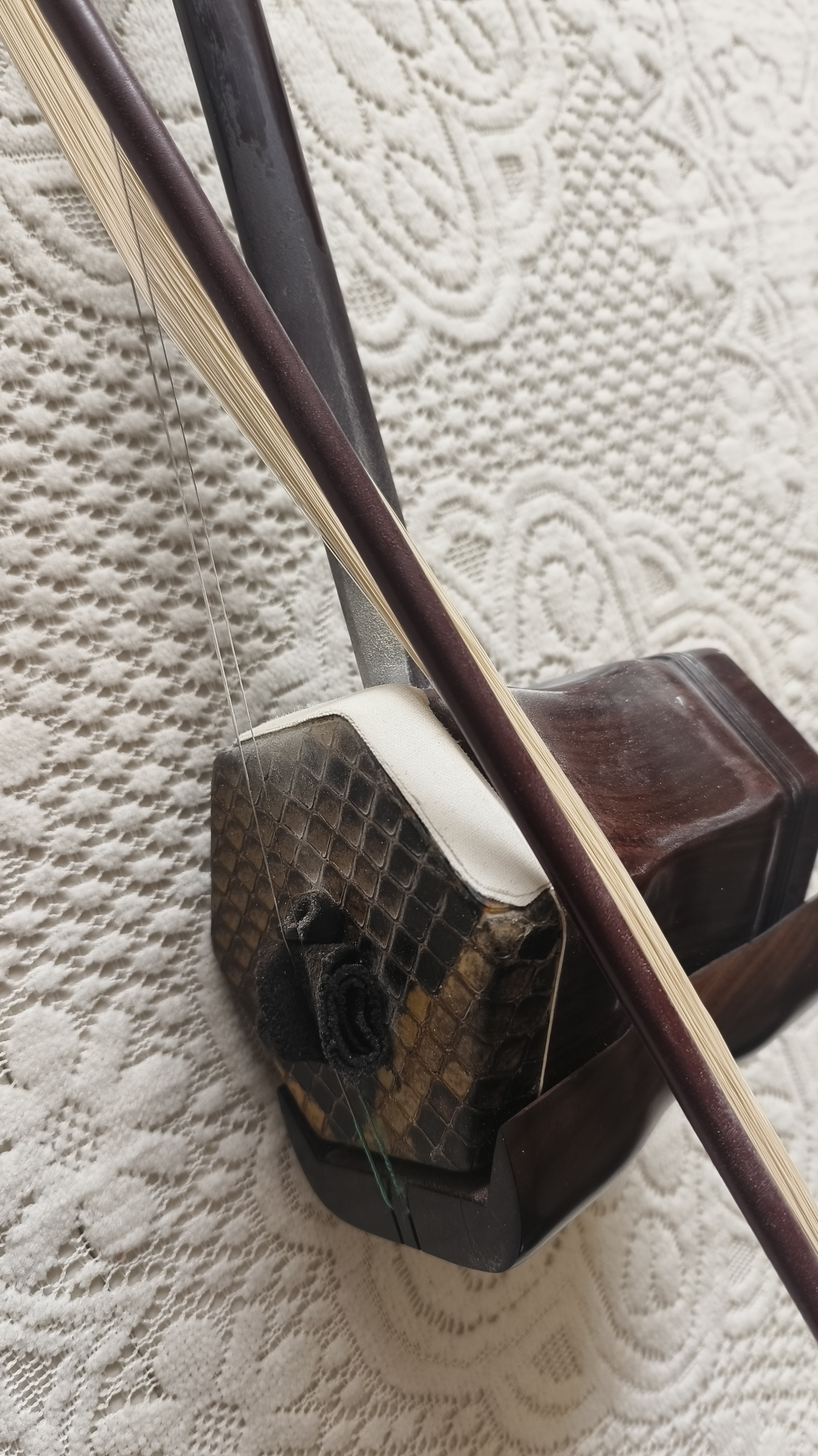 学二胡的过程中，总会遇到一些这样或者那样的问题，今天拿起二胡准备练琴，刚调动了一下内弦微调，突然琴弦断了，微调也随之掉落在地上。
我把断了的内弦拿掉之后，从地上捡起微调，接着从抽屉里拿出一副新的琴弦。