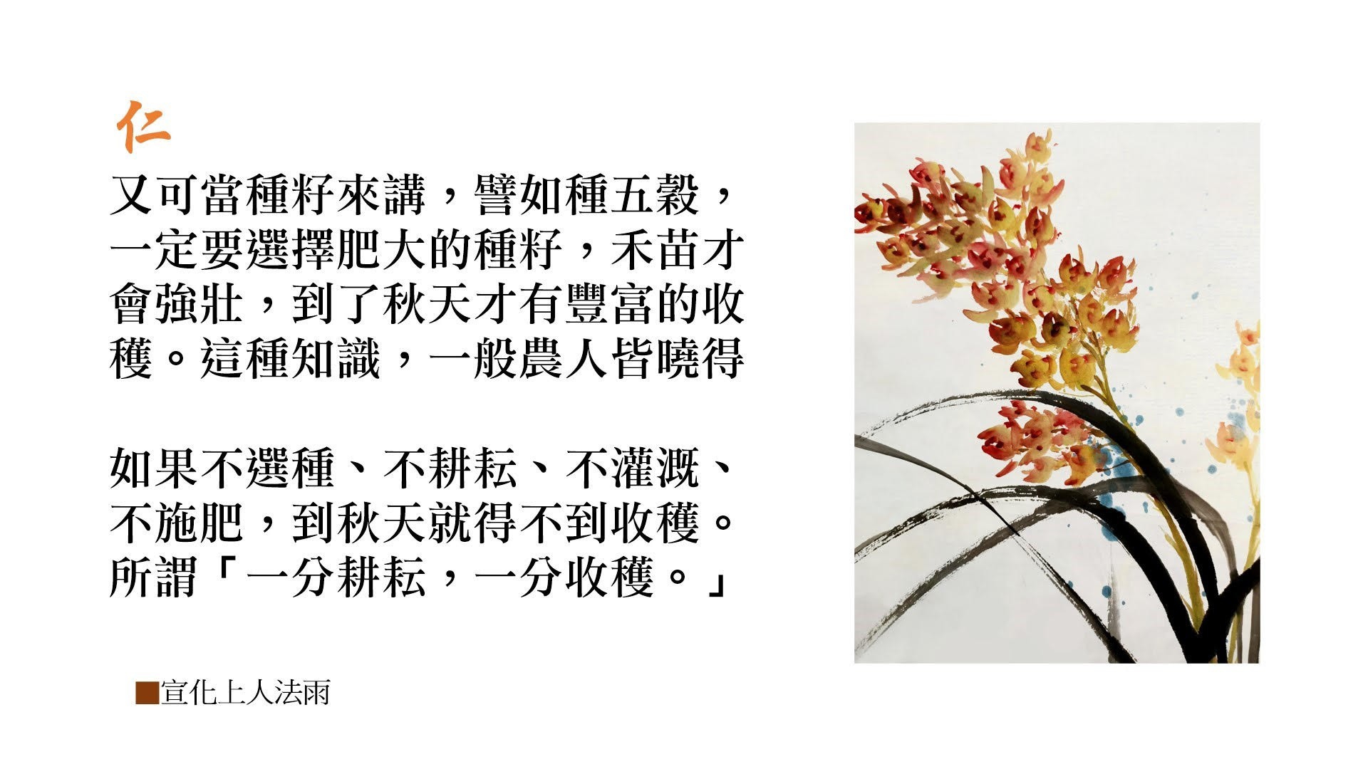 【法語 法雨】仁
宣化上人国际法汇
又可當種籽來講，譬如種五毅，一定要選擇肥大的種籽，禾苗才會強壯，到了秋天才有豐富的收楼。這種知識，一般農人皆曉得
如果不選種、不耕耘、不灌溉、不施肥，到秋天就得不到