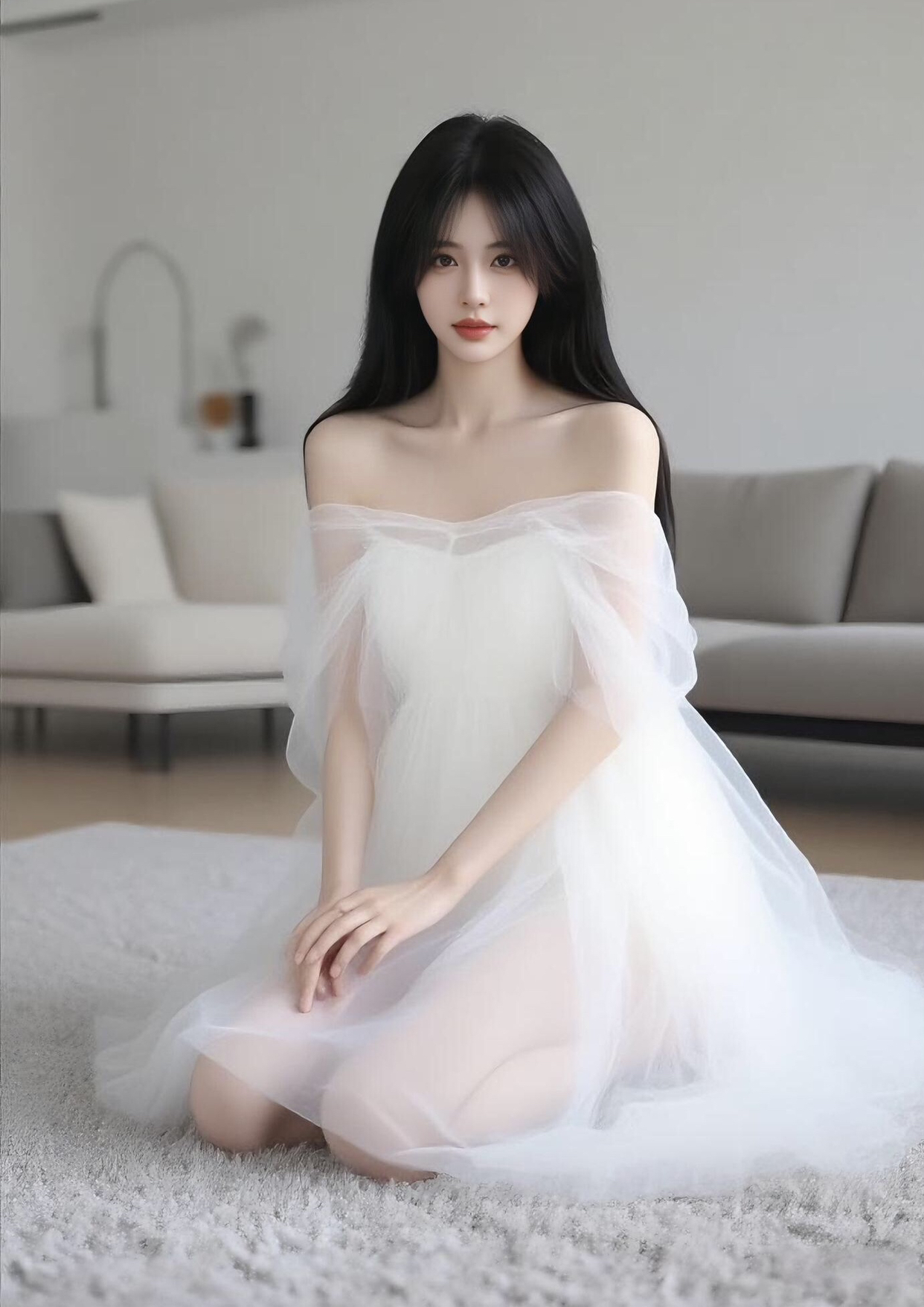 一袭纯白纱裙，邂逅温柔时光。于静谧一隅静坐，眉眼间皆是诗意与从容。