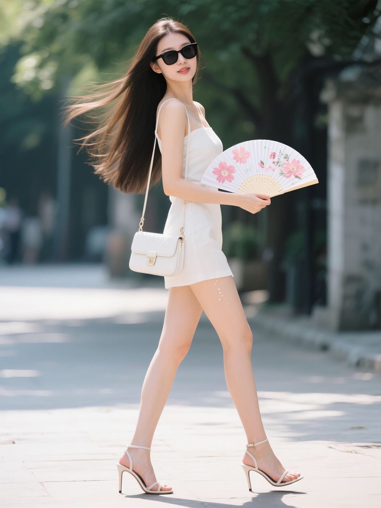 夏日风情，轻盈漫步，复古扇子，时尚穿搭