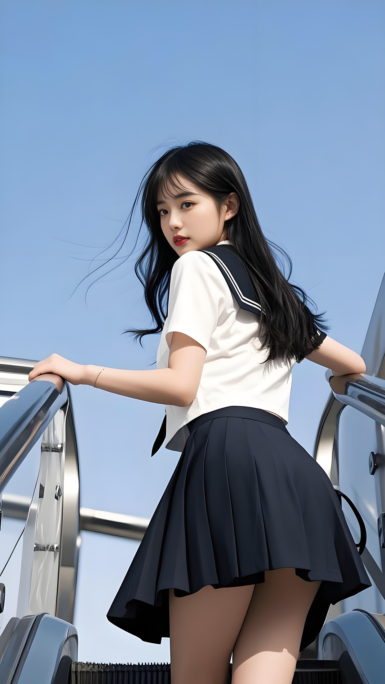 青丝拂面，少女倚栏杆。