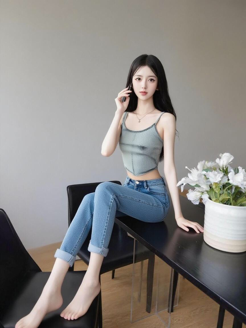 嘿！宅家也要超有范~吊带配牛仔，脚丫乐自在。电话一接，快乐满格。