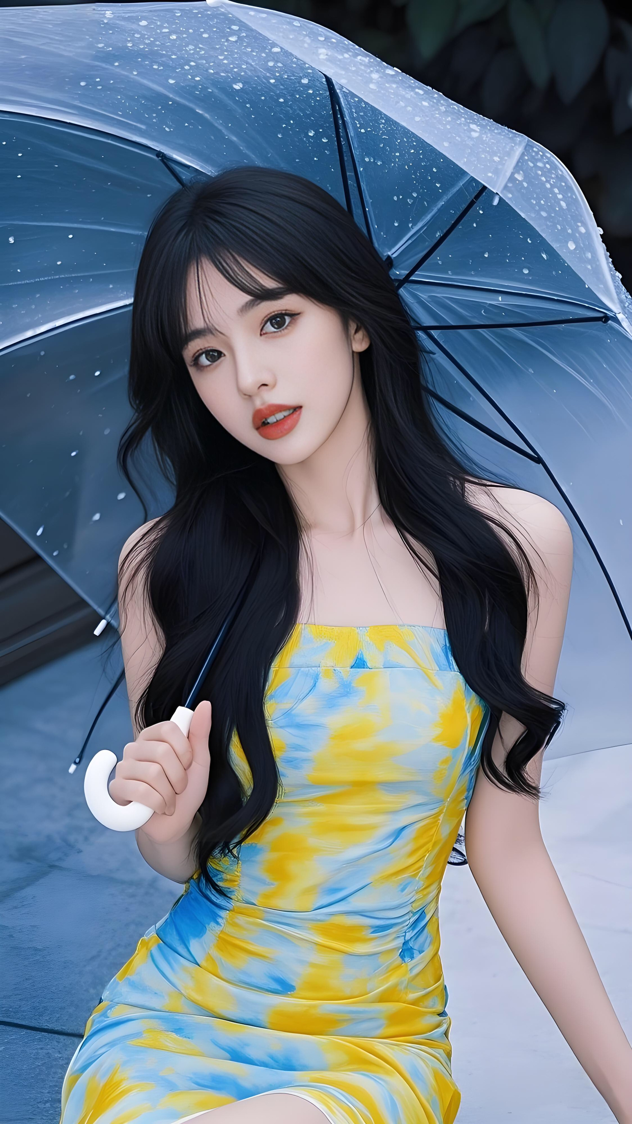 雨中美人伞下立，花间芳影似仙姿。