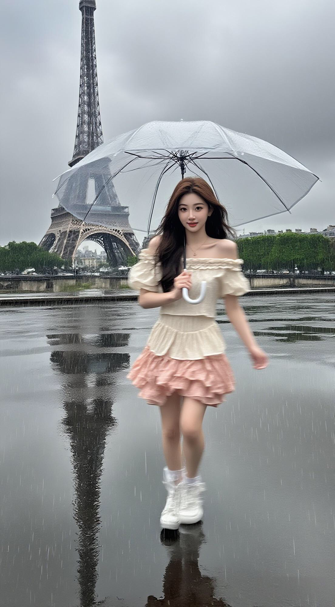 雨中漫步，巴黎铁塔下，优雅动人。