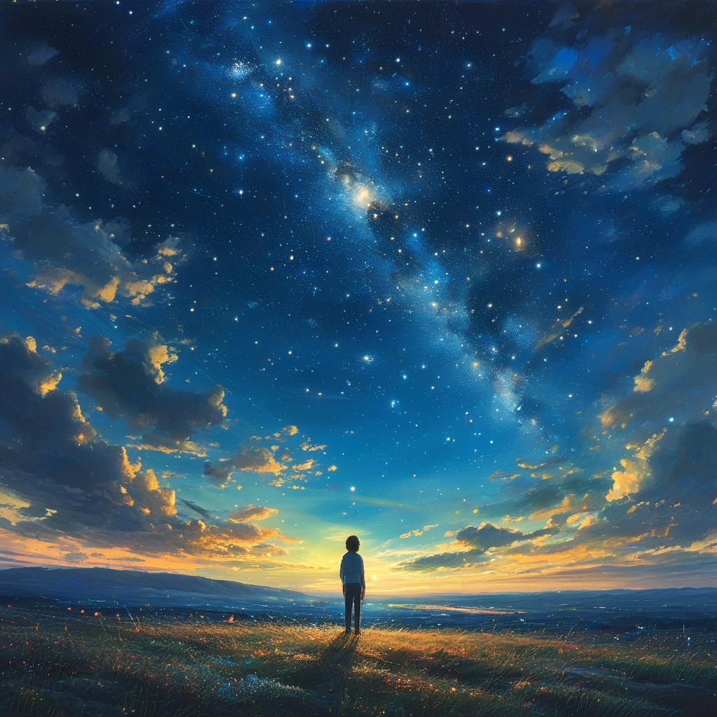 在那个浩瀚的宇宙中，星星如尘埃般繁多，它们各自闪烁，编织出一片璀璨的星空。然而，在这无数星辰中，我唯独对那轮皎洁的月亮情有独钟。她静谧地悬挂在夜空，犹如一位端庄的仙子，用温柔的目光注视着我。每当夜幕降