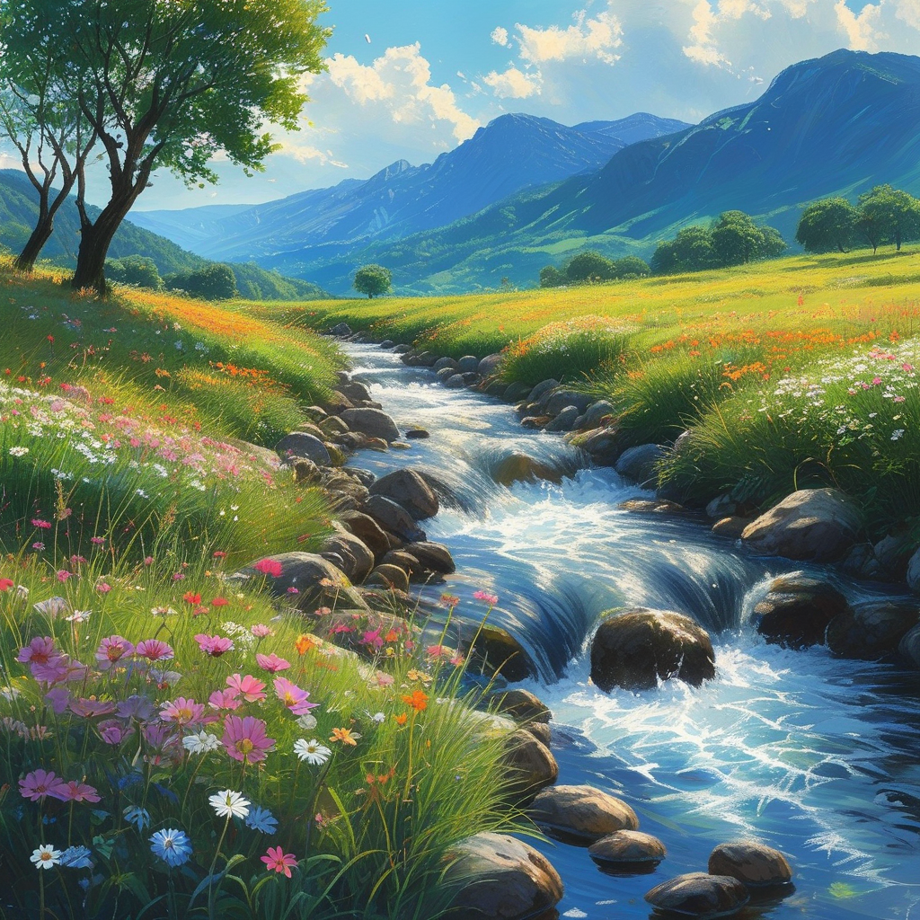 流水潺潺，山川寂静。在这宁静的时光里，心从容地漫步于山水之间，聆听大自然的低语。那溪水跳跃着，欢快地奔向远方，仿佛在诉说着对未来的憧憬。山间的野花，默默绽放，她们不争春，不夺艳，只在属于自己的季节里，