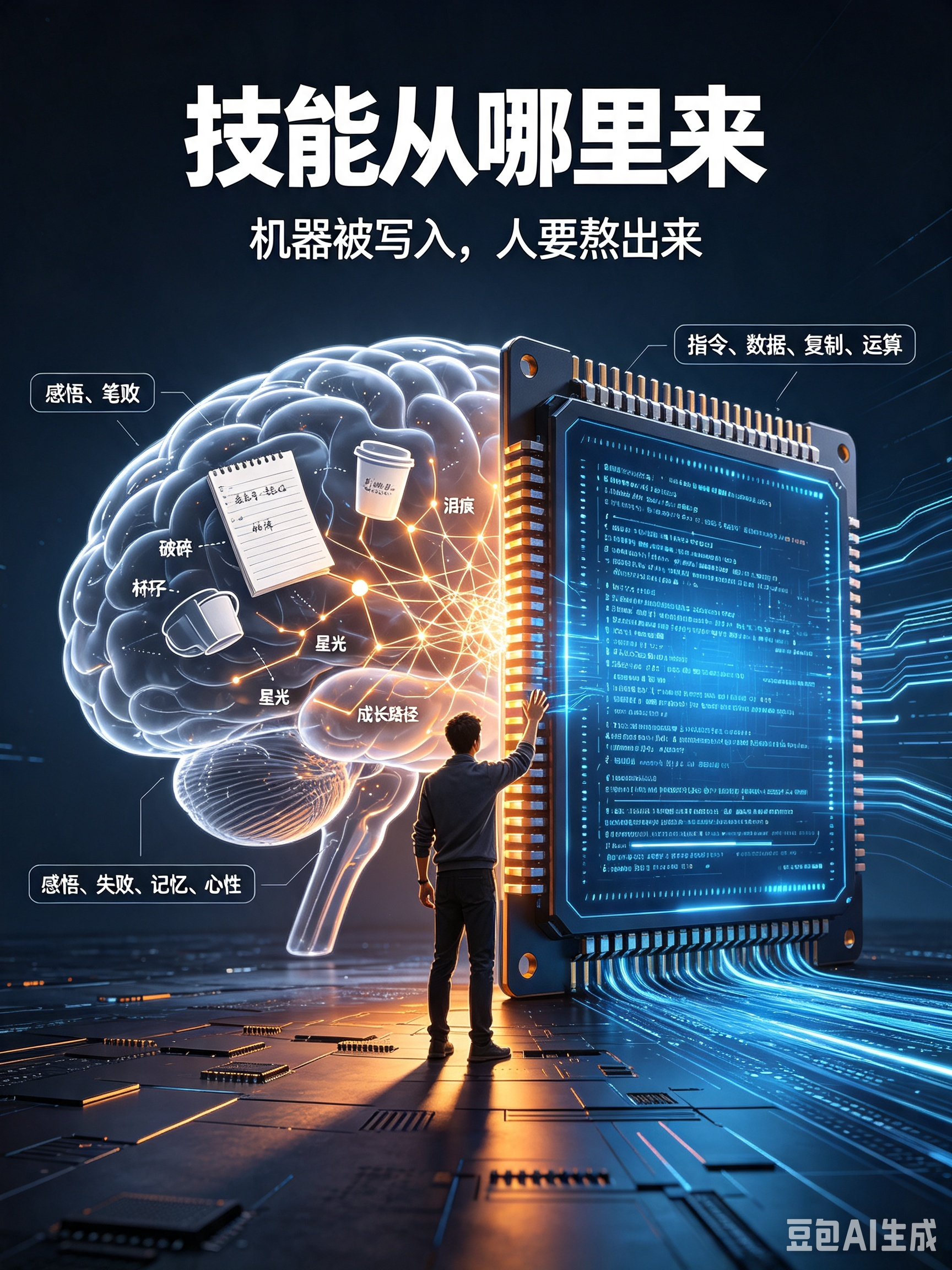 人掌握技能与电脑CPU运行技能的本质区别
很多人以为，人学习技能和电脑储存程序是一样的过程，其实二者有着天壤之别。电脑CPU靠运算执行指令，人脑靠感悟、经历、情绪、创伤沉淀技能。机器学习是冰冷的数据复