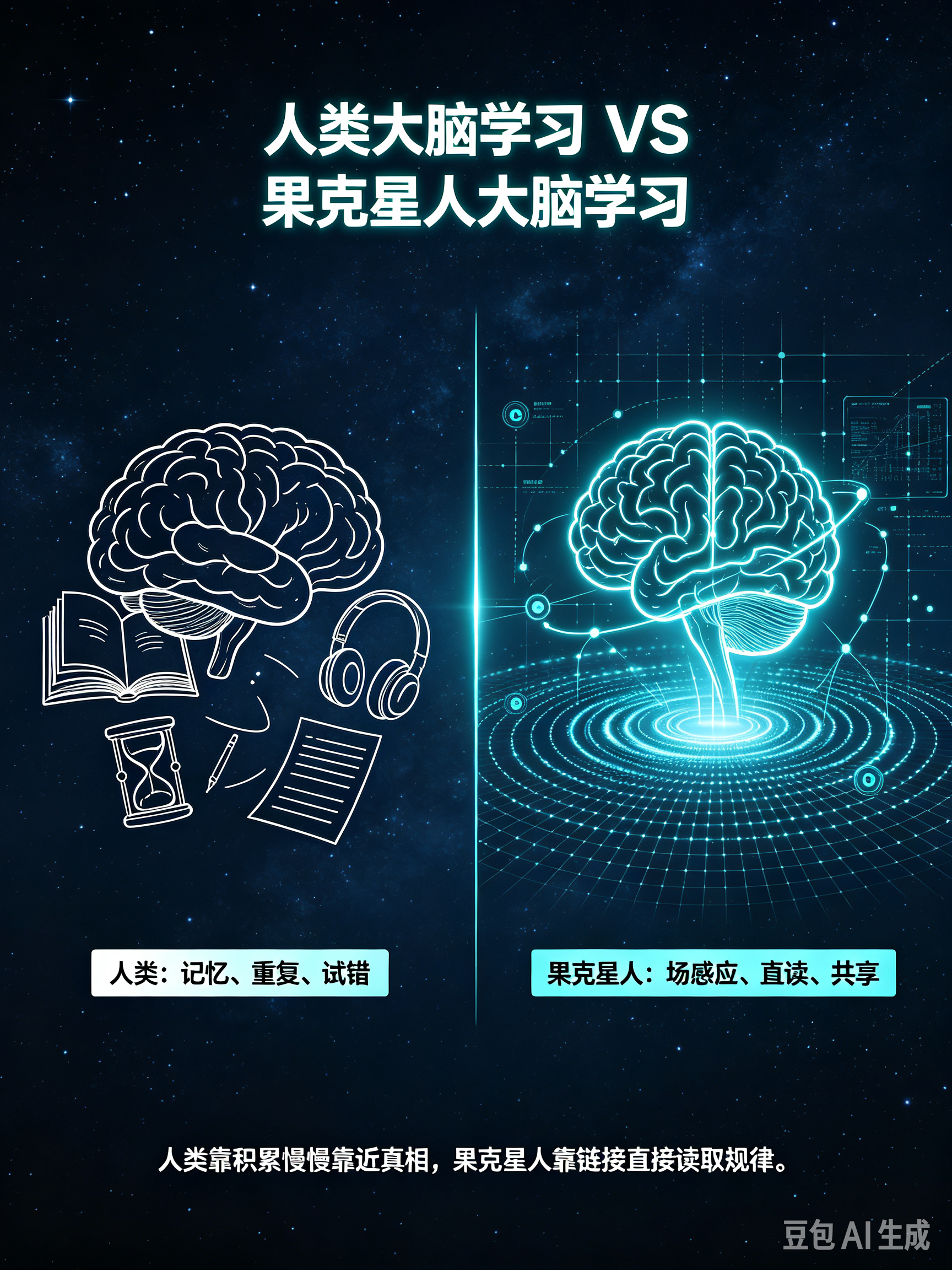 人类大脑学习 VS 果克星人大脑学习
人类与果克星文明最大的差距，不在于科技工具，而在于大脑学习模式与认知方式的根本不同。人类依靠记忆、重复、试错缓慢成长，果克星人依靠场感应、直接读取信息、高维感知快