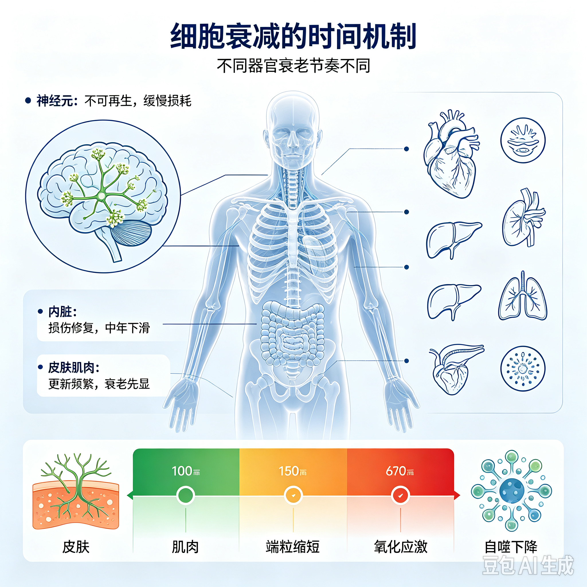 脑细胞和身体外部内部器官的衰减的时间机制八百字
人体器官的衰老衰减，不是同步发生的，有着各自不同的时间节奏，根源在于细胞分裂上限、能量代谢损耗、DNA损伤累积，以及细胞修复能力随年龄逐步下降。脑细胞与