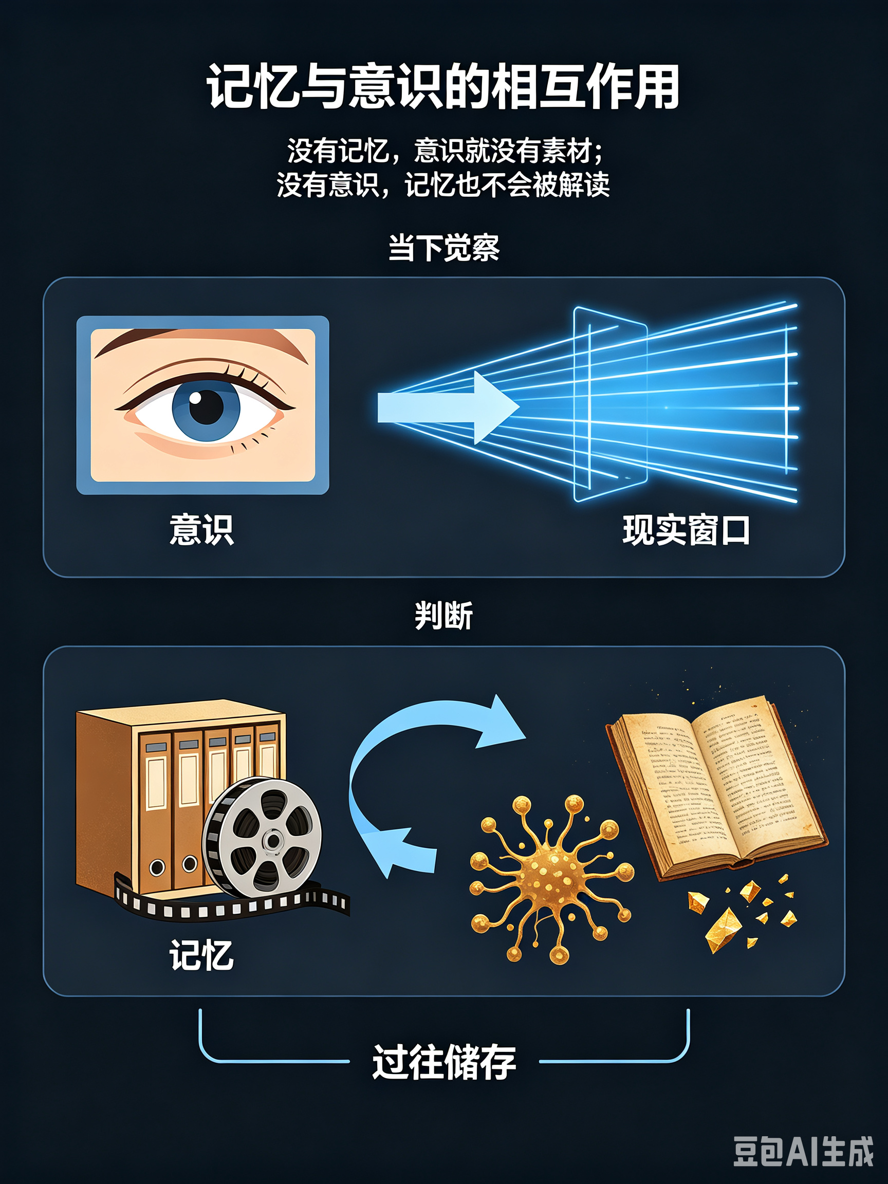人的记忆与意识的相互作用
意识是我们当下清醒的觉察，记忆是存储在大脑里过往的经历、感受与碎片。二者紧密交织，互为根基，人的每一个想法、判断、情绪，都是记忆与意识不断互动产生的结果。没有记忆，意识就没有