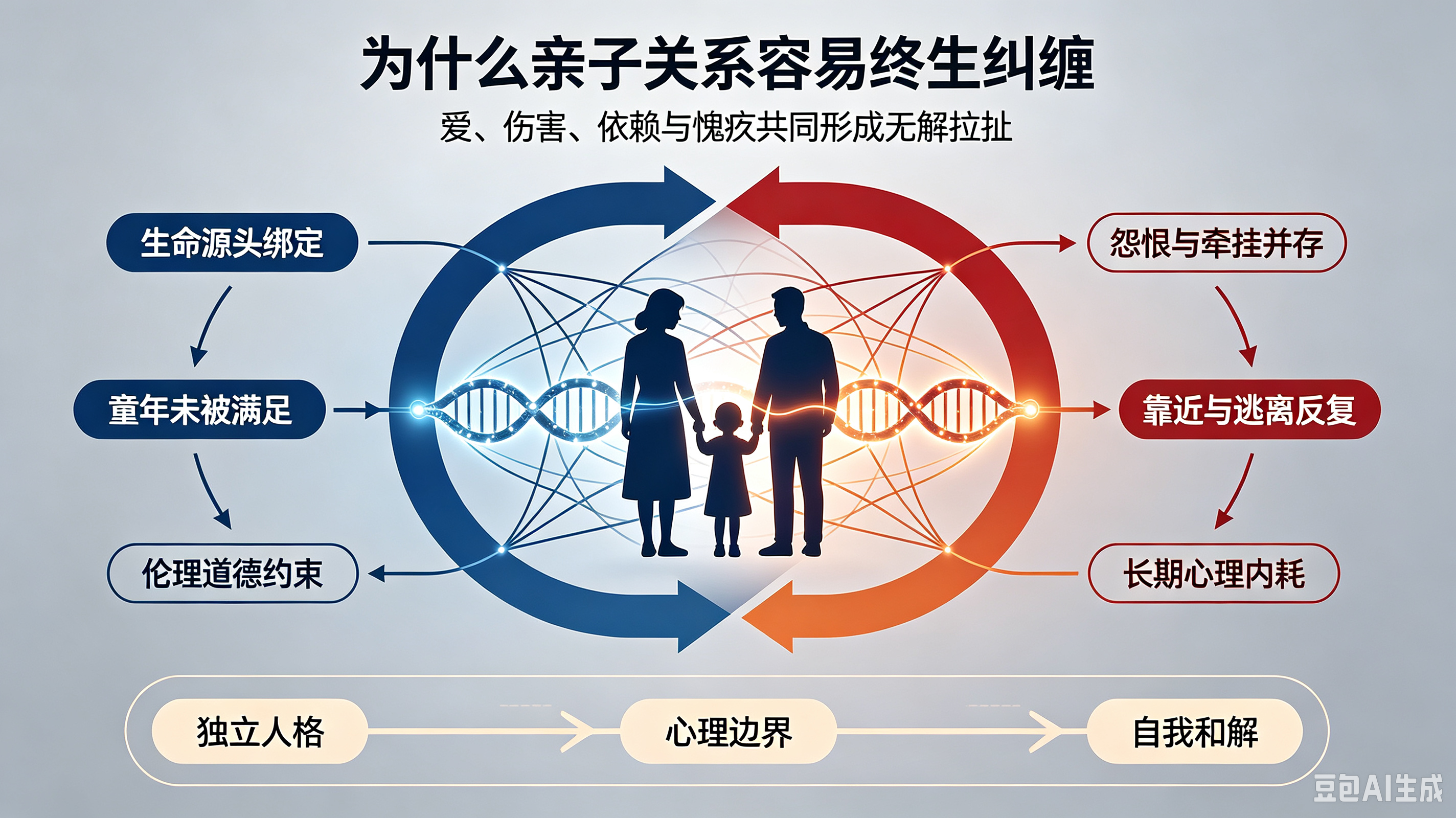亲爹亲妈的禁忌关系为何终生纠缠
原生亲子关系，是所有人生命中最早、最深、最隐秘的羁绊。不同于普通人际关系的可断可离，亲生父母与子女之间存在一种特殊的“禁忌关系”。这种关系披着亲情的外衣，藏着亏欠、伤害