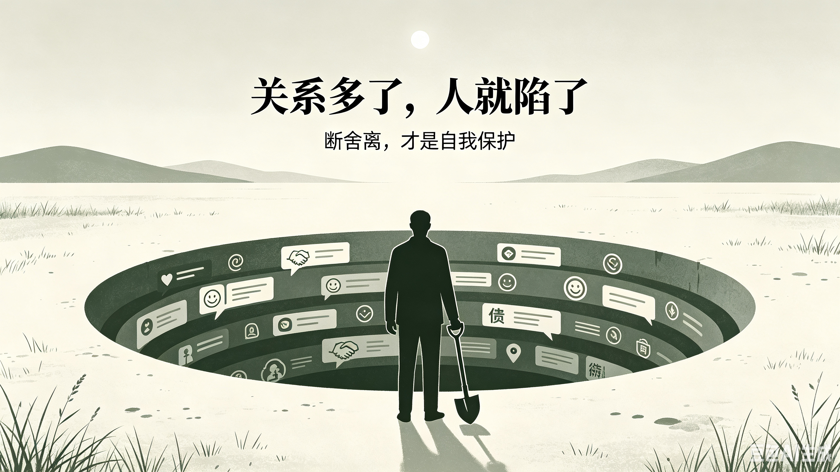 人间关系，大多是为自己挖坑
人这一生，最大的枷锁从不是生活的苦难，而是错综复杂的人际关系。我们总以为合群、交心、维系人情是人生的必修课，可回望过往便会发现：世间绝大多数人际关系，本质都是亲手为自己挖下