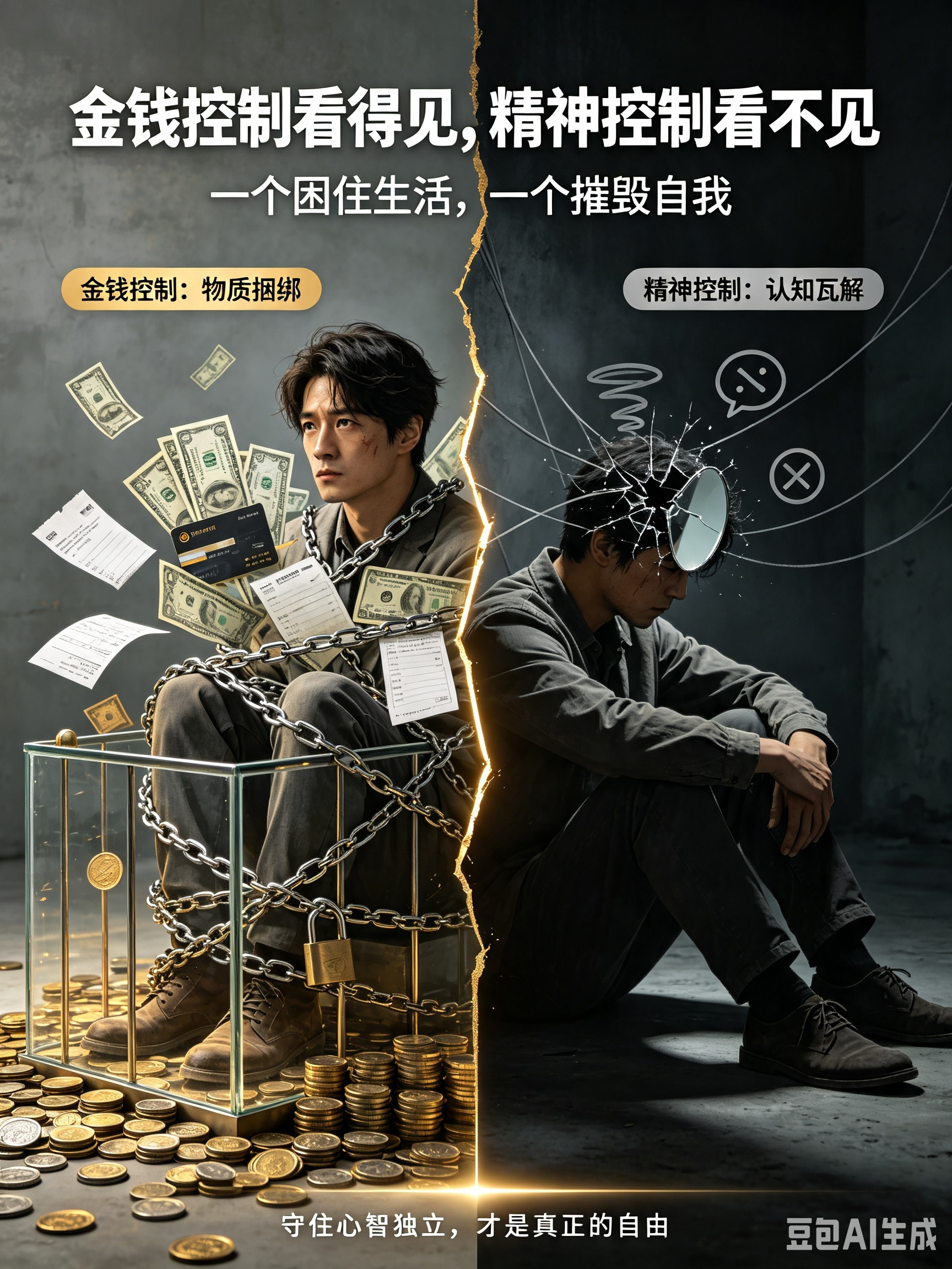 精神控制与金钱控制的本质区别
生活中常见的压迫与束缚，大多分为两种：金钱控制与精神控制。很多人以为被管着钱、被拿捏经济是最痛苦的束缚，其实不然。金钱控制锁住人的生活，精神控制摧毁人的灵魂。二者看似都是