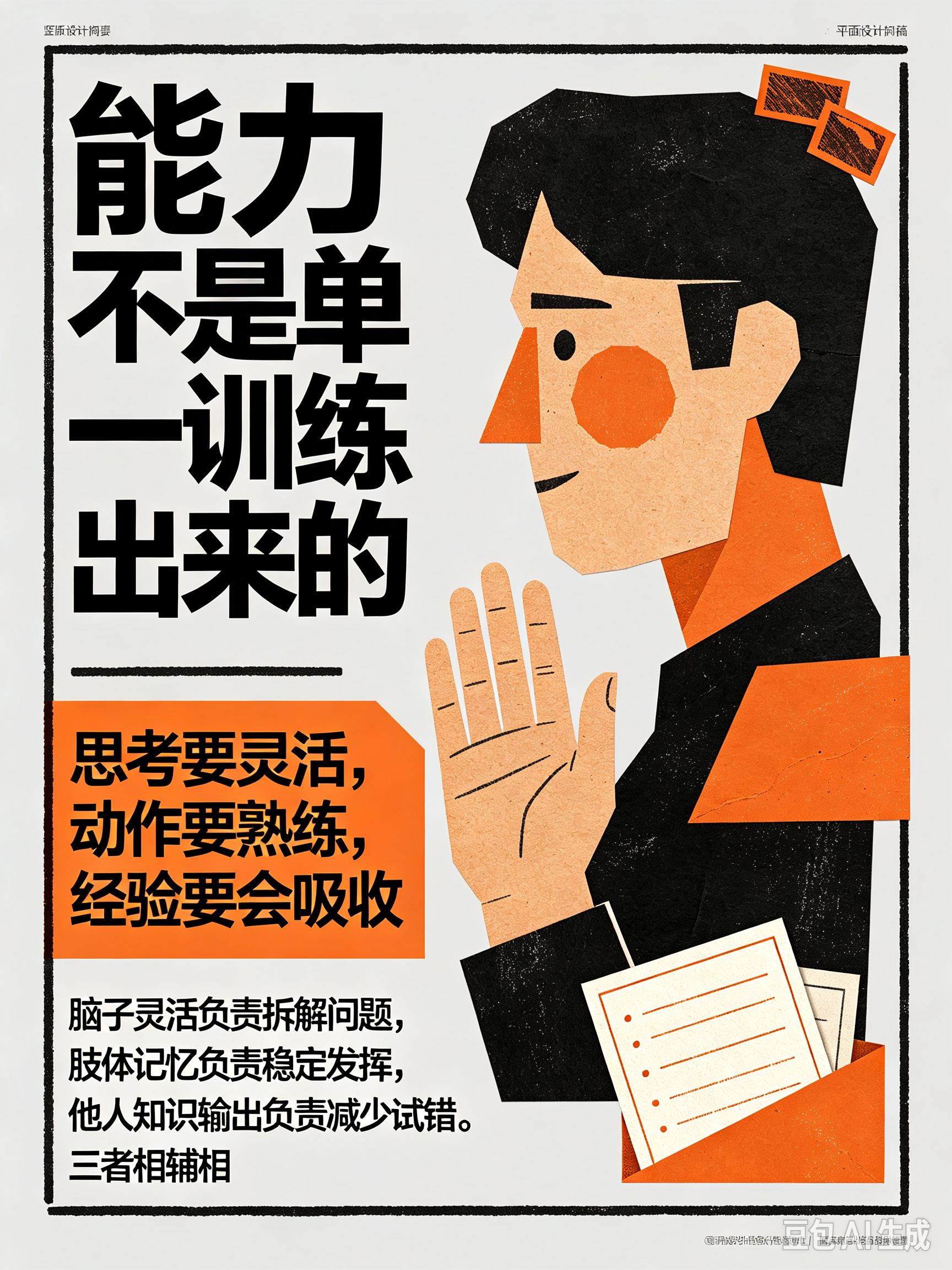 脑子灵活、肢体记忆与他人知识输出的相辅相成
人的成长与技能习得，离不开三种核心能力的支撑：脑子灵活的思维能力、熟能生巧的肢体记忆，以及吸收借鉴他人经验的知识输出能力。三者相互依存、互为补充，构成了我们
