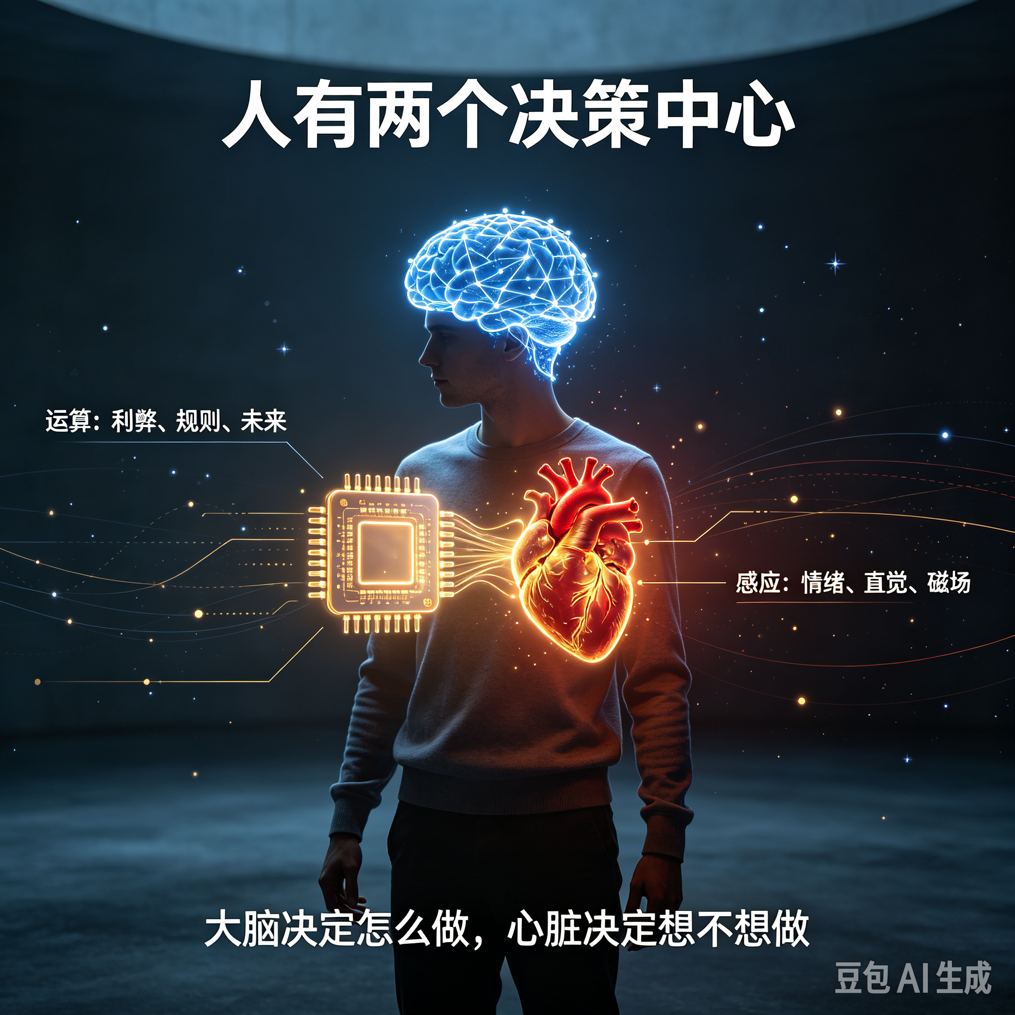 每个大脑和心脏的思路运算预谋是啥？
人体有两套完全不同的指挥系统：大脑负责理智运算、逻辑预谋，心脏负责情绪频率、体感决策。人一生所有选择、冲动、犹豫、算计、预判，都是大脑和心脏两套系统互相拉扯、互相配