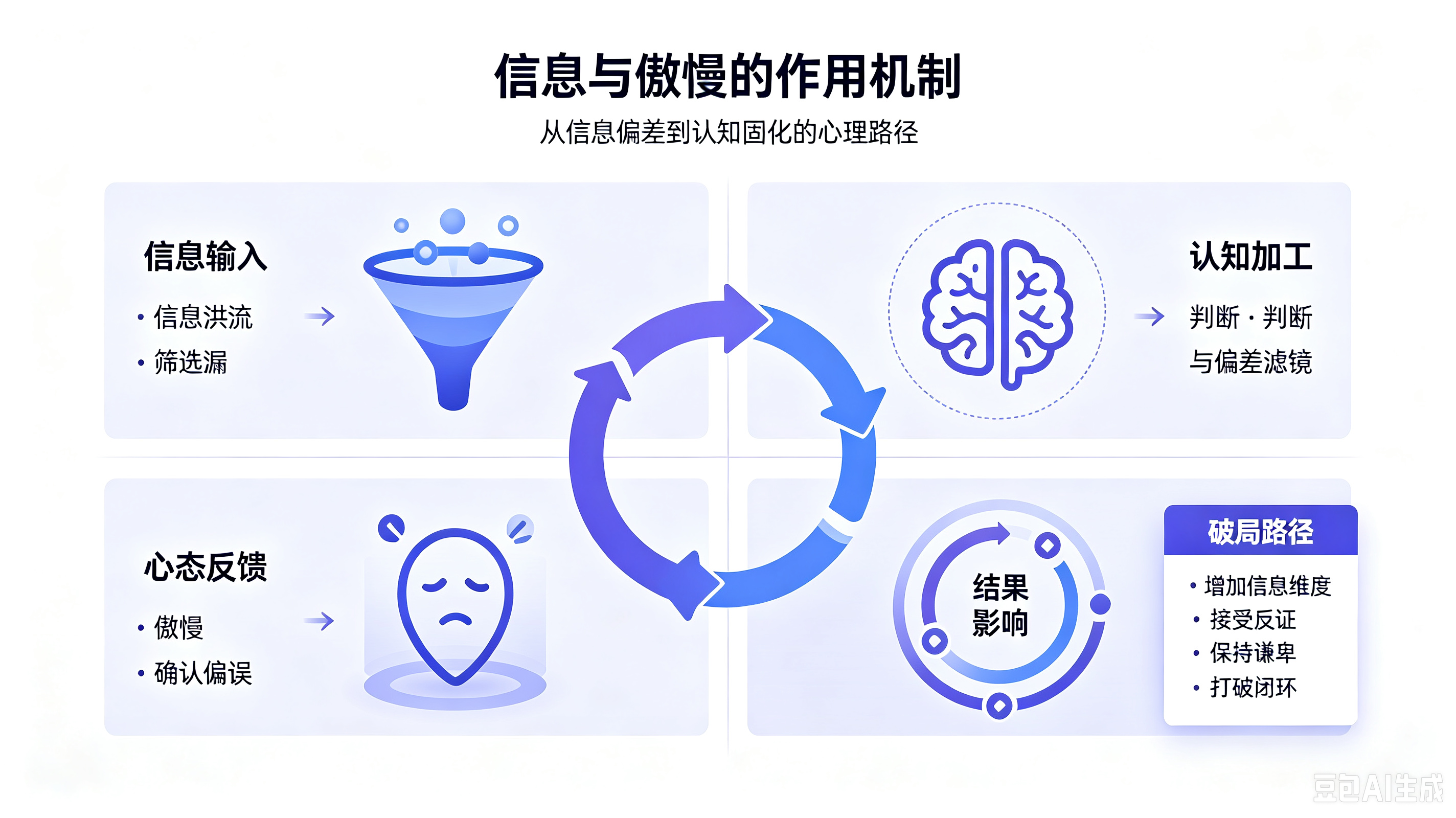 信息与傲慢心态的相互作用
信息是认知的基石，而傲慢是心态的偏差。二者存在双向循环、相互塑造的紧密关系：信息的残缺或过载会催生傲慢，而傲慢的心态又会扭曲信息接收与判断，最终让人陷入认知闭环、固步自封。这