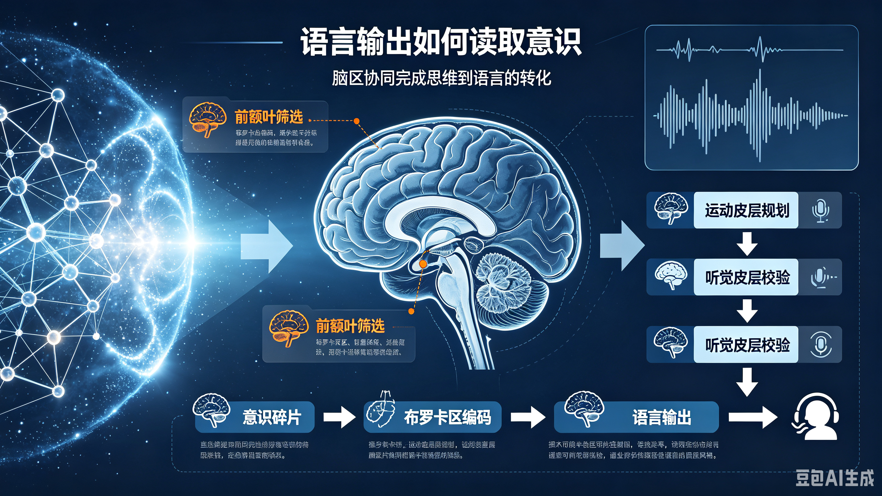 语言输出对大脑意识的读取机制
语言输出并非单纯的发声行为，而是大脑意识从隐性思维转化为显性符号的神经解码过程。它通过多脑区协同运作，将混沌的潜意识、清晰的主观意识转化为结构化语言，是人类自我认知与思维