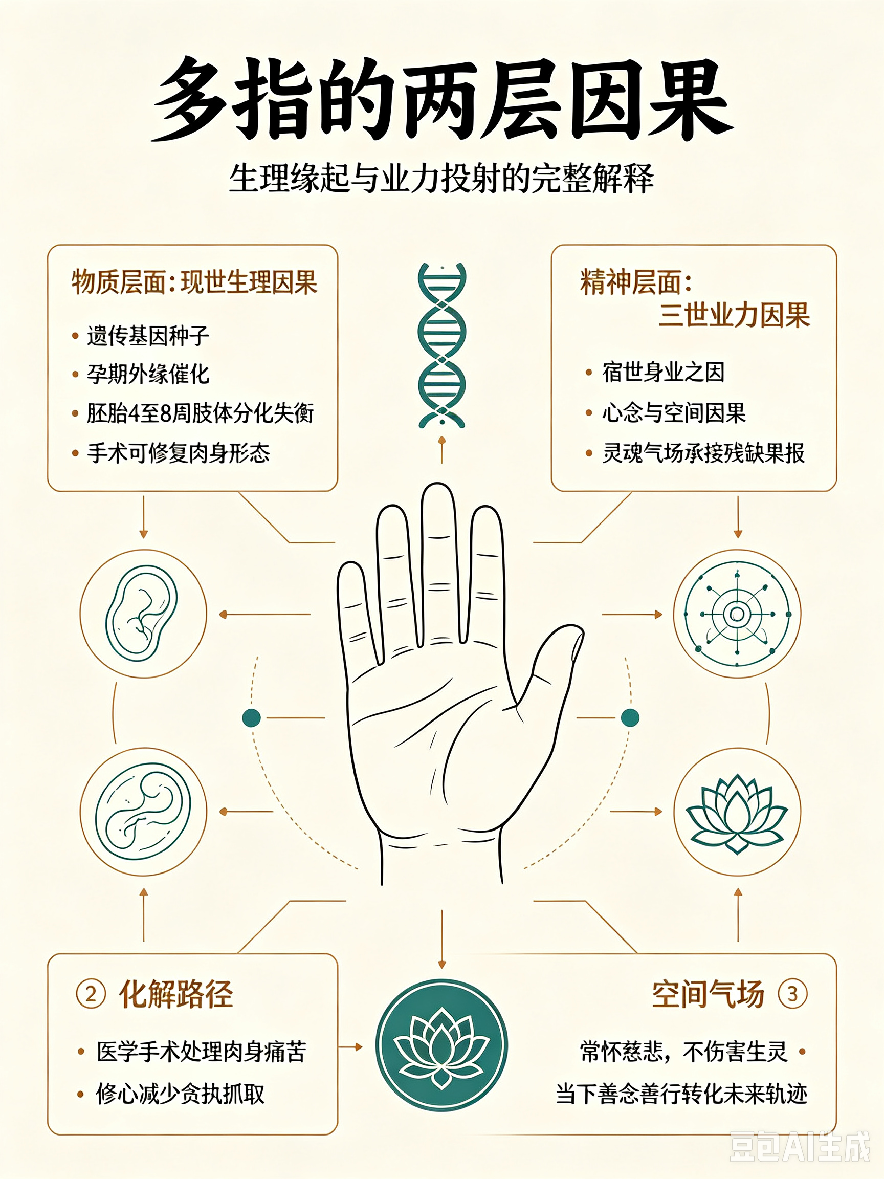多指先天畸形的两层因果：医学现实因果 + 三世业力因果
一、物质层面：现世生理因果（客观科学逻辑）
 
从现实肉身、基因、环境的缘起因果看，拇指旁多出小指，是当下两代人与胚胎环境交织的有形因果。核心根