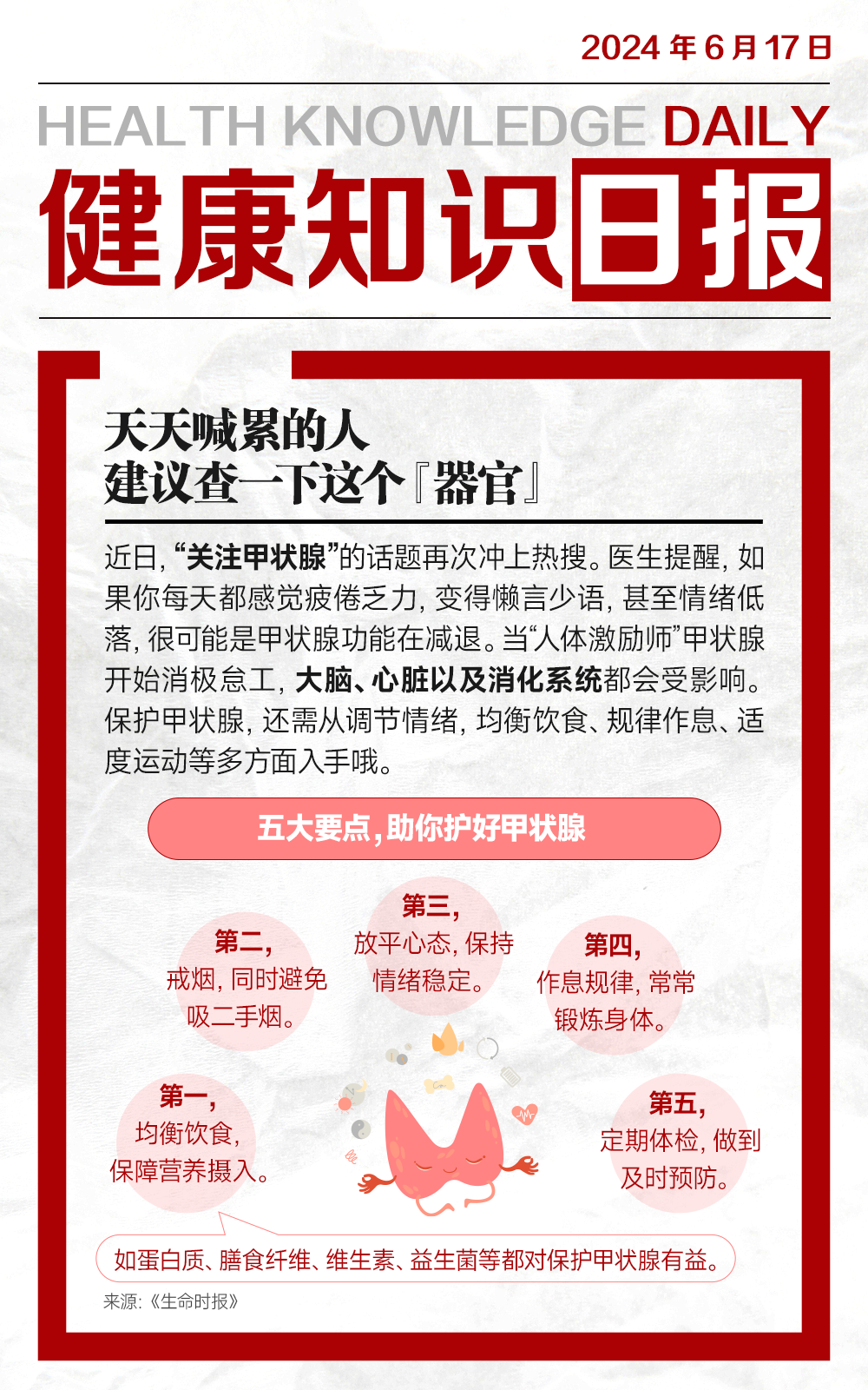 #健康知识日报#
每天吃饱睡够，却还是感觉很困很累的你，
可能需要关注一下“卷王”器官甲状腺。
甲状腺工作时“掉线”，将影响全身状态。
数据显示，我国甲状腺疾病患者已超2亿。
恢复身体电量，请好好关照