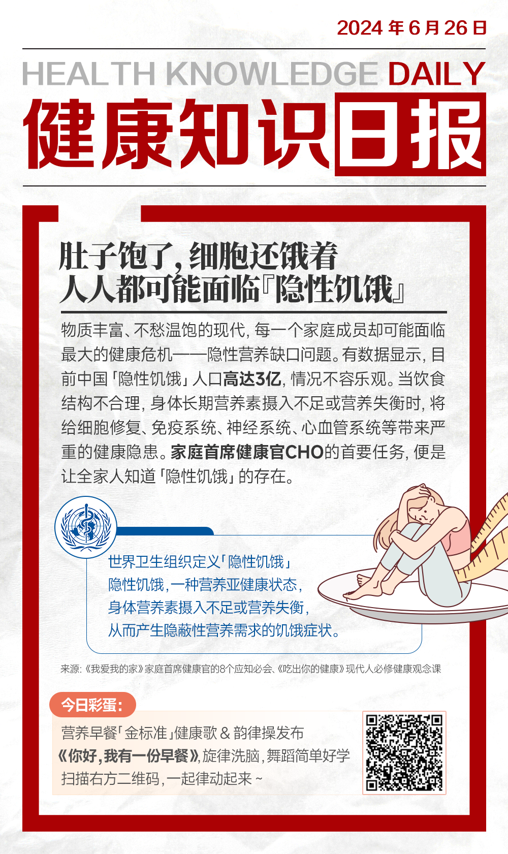 #健康知识日报#
3亿国人身体缺乏营养，但不自知！
肚子饱了≠营养够了，细胞处于饥饿状态，
每个人都可能陷入“隐性饥饿”的危机中。
当身体营养不均衡，健康隐患恐上身。
今天先来好好认识一下隐性饥饿吧~