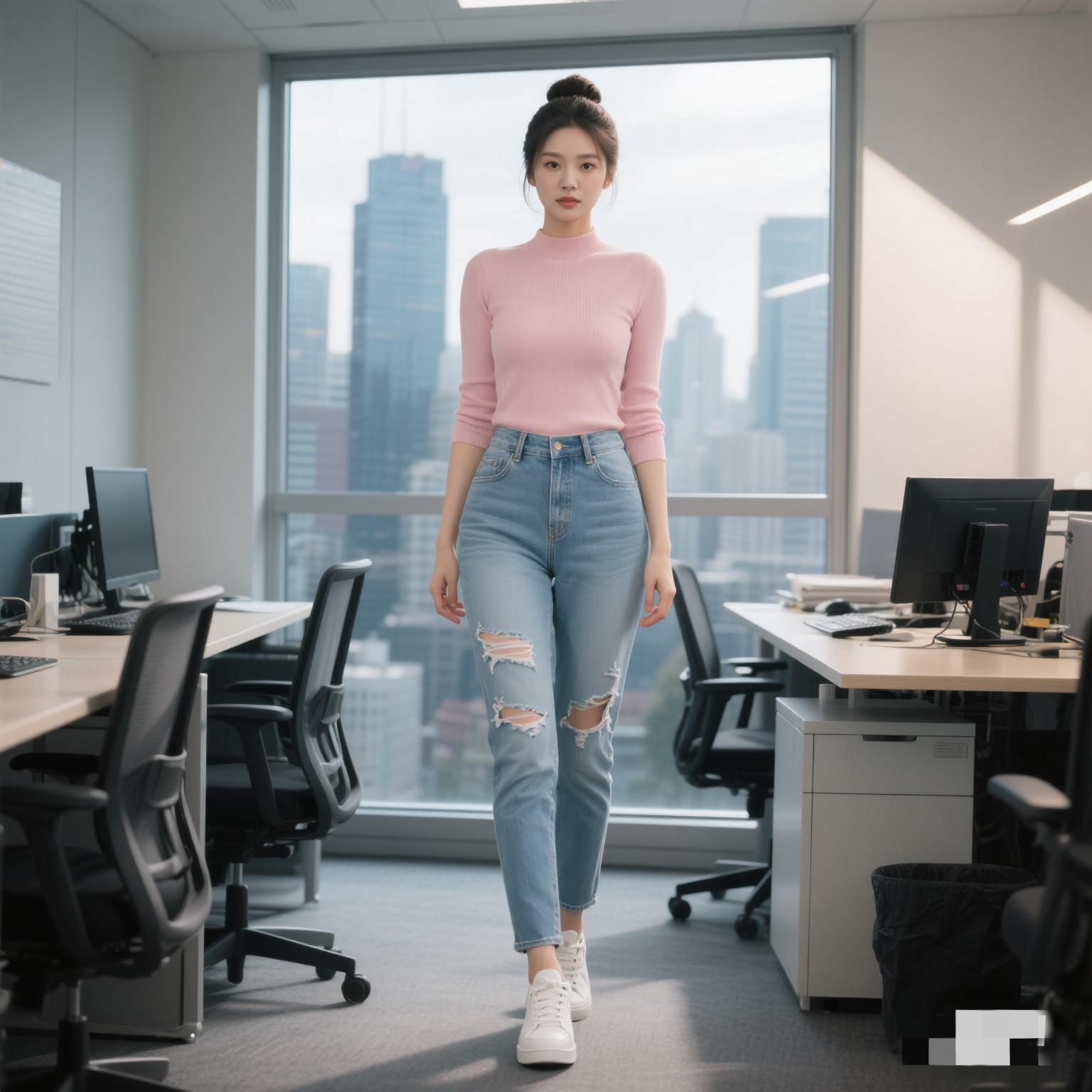 职场里，牛仔裤一样可以穿出自信和清爽……