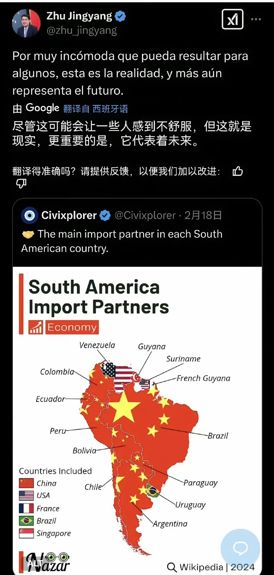 中国驻哥伦比亚大使发了张图，南美各国的主要进口国几乎都是中国！