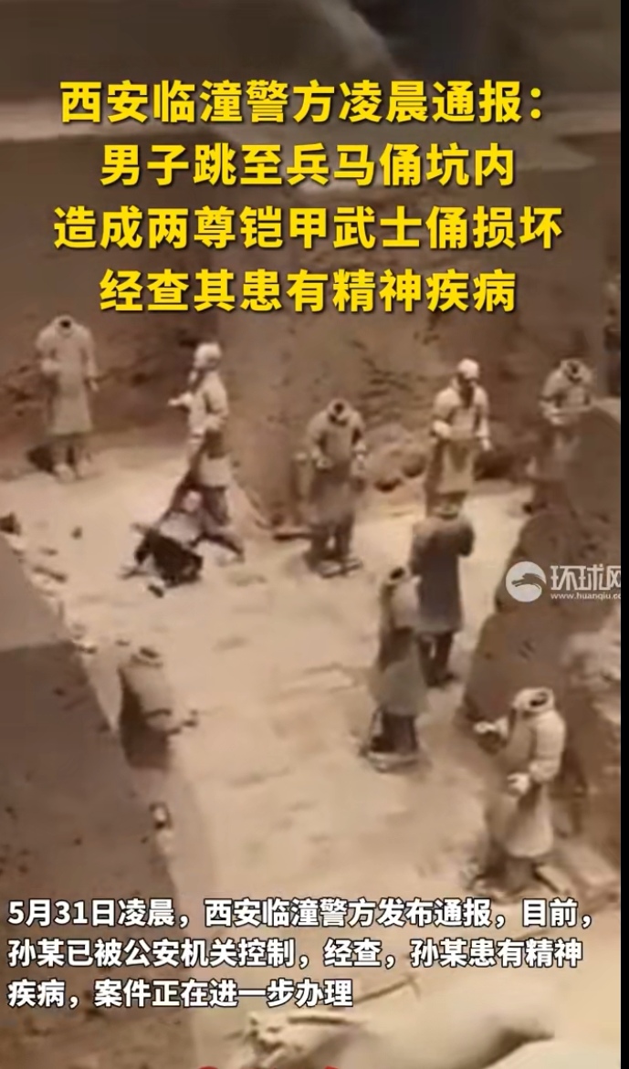 西安临潼警方通报“一男子参观兵马俑时跳至坑内”：造成两尊铠甲武士俑损坏，其患有精神疾病！
唉，又是一个精神疾病患者。