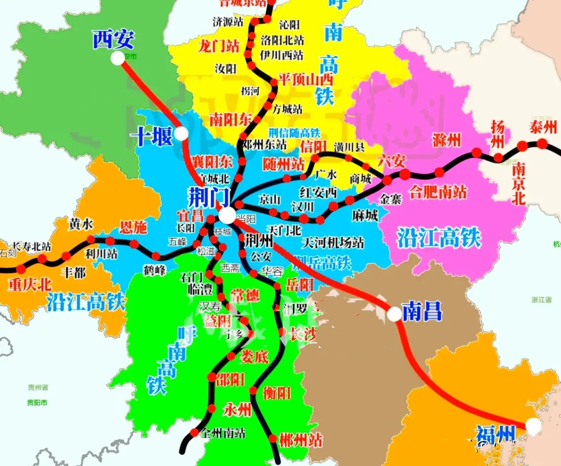 荆门高铁线路图 5条线路8个方向

荆门未来或有：沿江、呼南、荆岳、西福、荆随5