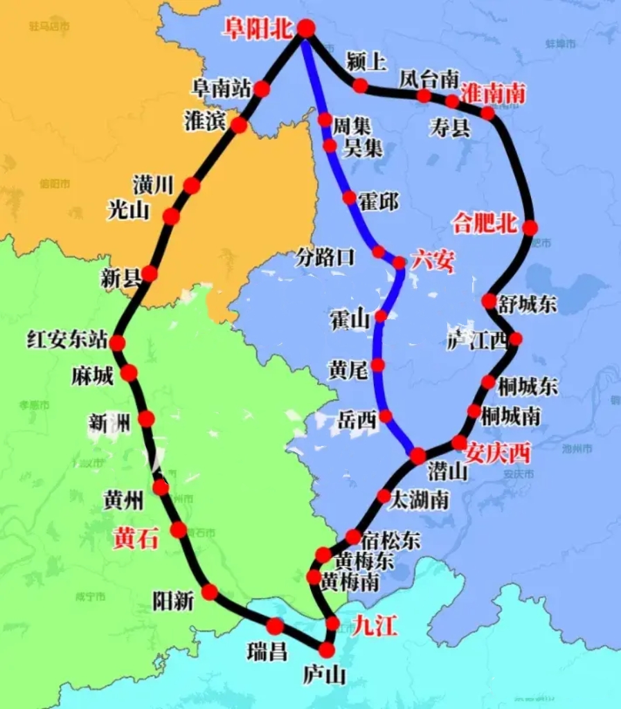 合肥扰乱了阜冈九高铁，京港高铁绕大弯
 
京港高铁阜阳九江段本来是走阜阳、潢川、