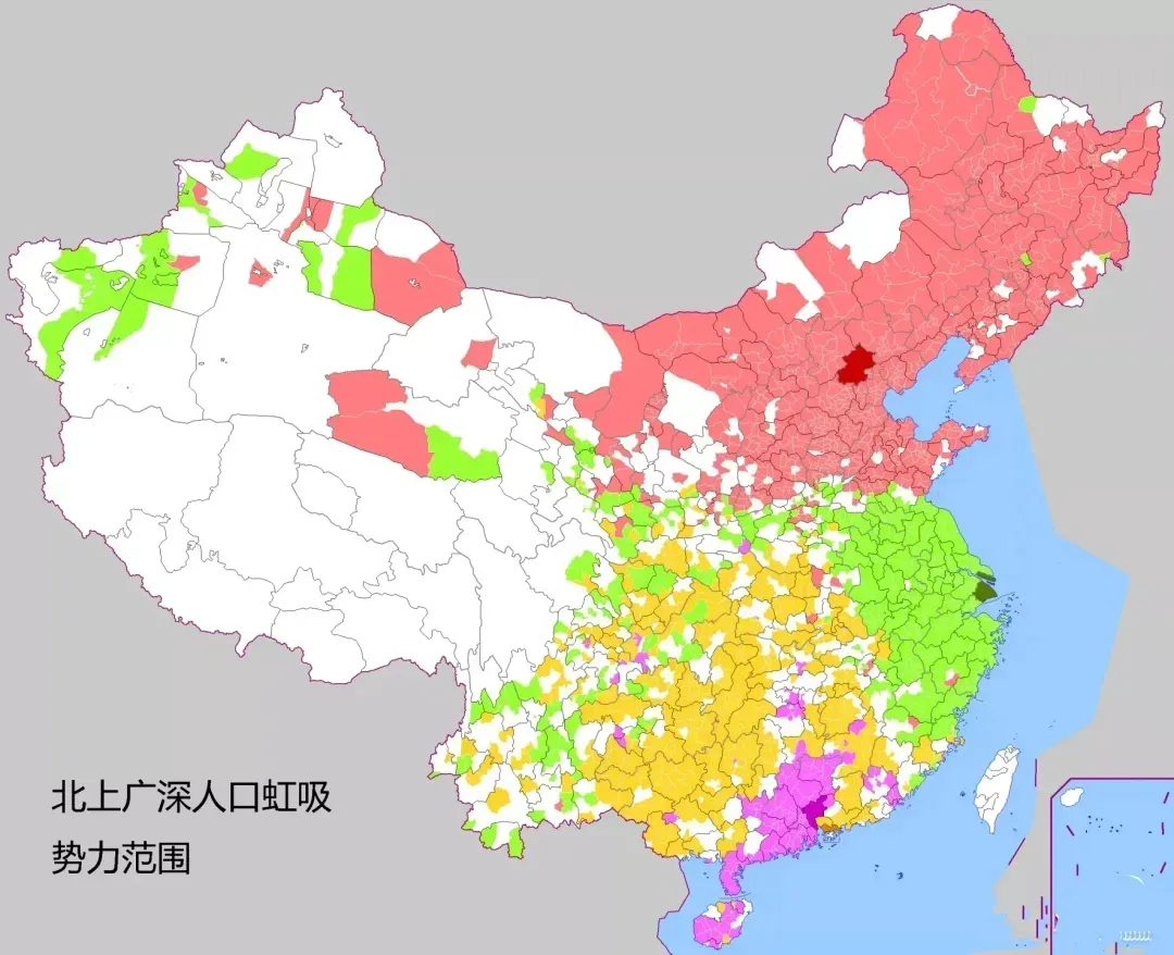 北上广深人口虹吸势力范围，广州不敌深圳。

1.在人口虹吸势力图上，广州的辐射范