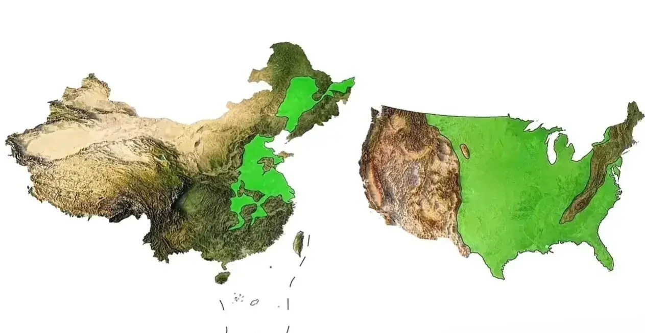 美国地形除了冬天容易刮穿堂风，其他似乎没什么缺点，你看这大平原，你看这海岸线，你看这辽阔的面积，看了真让人眼馋。

不过穿堂风很要命，德州跟广东纬度接近，广东四季如春，德州动不动就暴风雪。