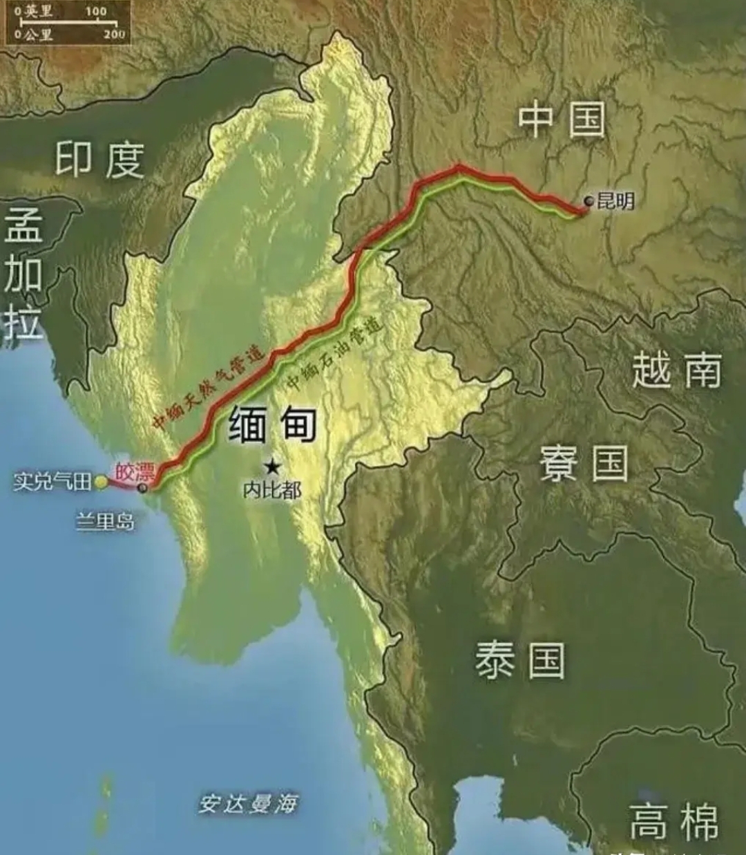 中缅油气管道是继中亚油气管道、中俄原油管道、海上通道之后的第四大能源进口通道，它成功绕开了马六甲海峡，洞穿了东南亚陆地阻隔，对我们来说无比重要。

它包括原油管道和天然气管道，从缅甸西海岸皎漂港东南方