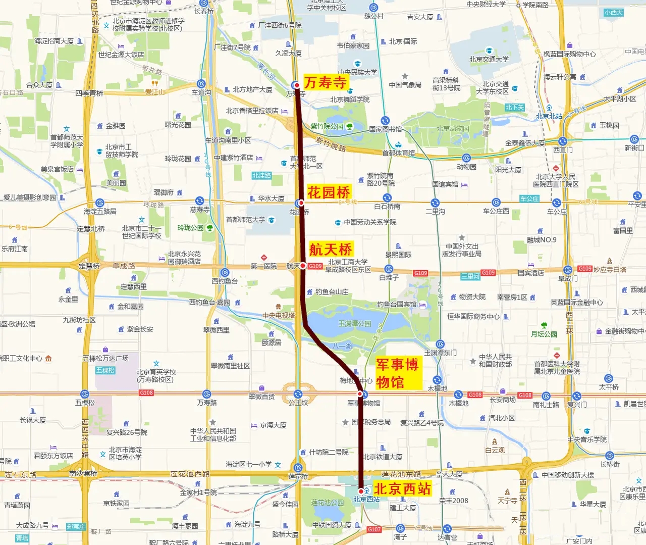 北京地铁7号线将北延四站，起自北京西站，经由军事博物馆站、航天桥站、花园桥站，终