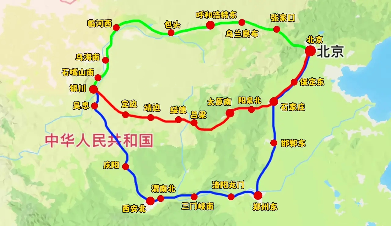 银川到北京的3条高铁线路，蓝色的为现运行线路，绿色的正在修建中，红色的为规划线路