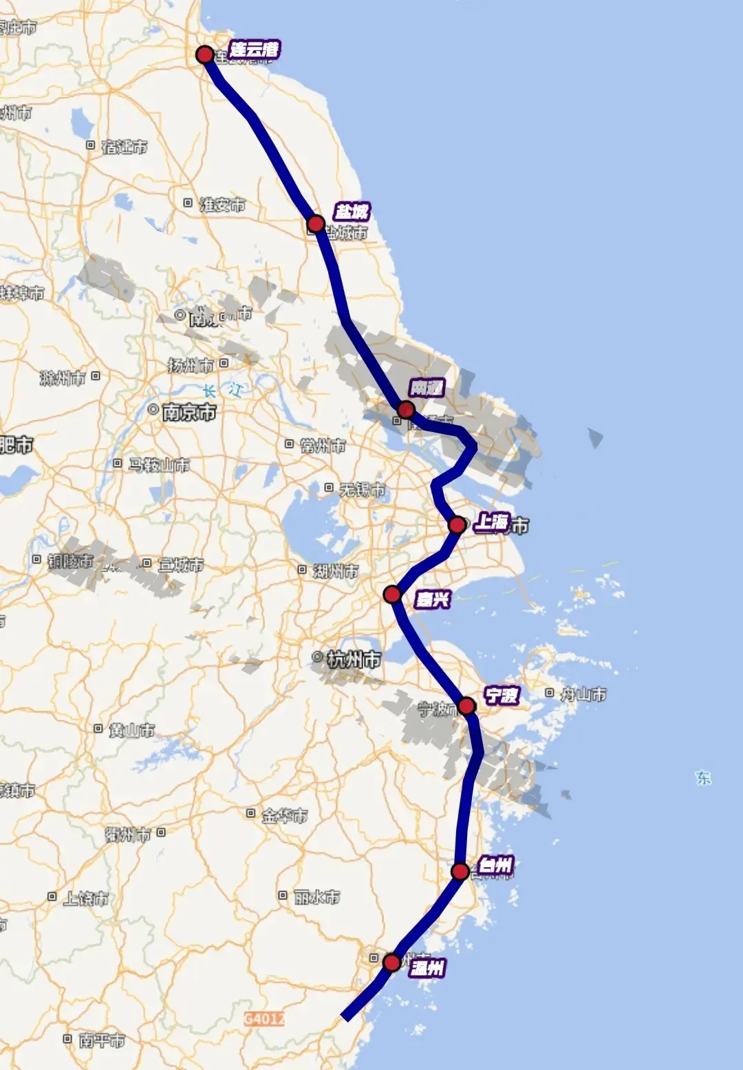 沿海高铁江浙沪段，只差连云港至盐城段没有规划350km/h时速高铁，目前仅有20