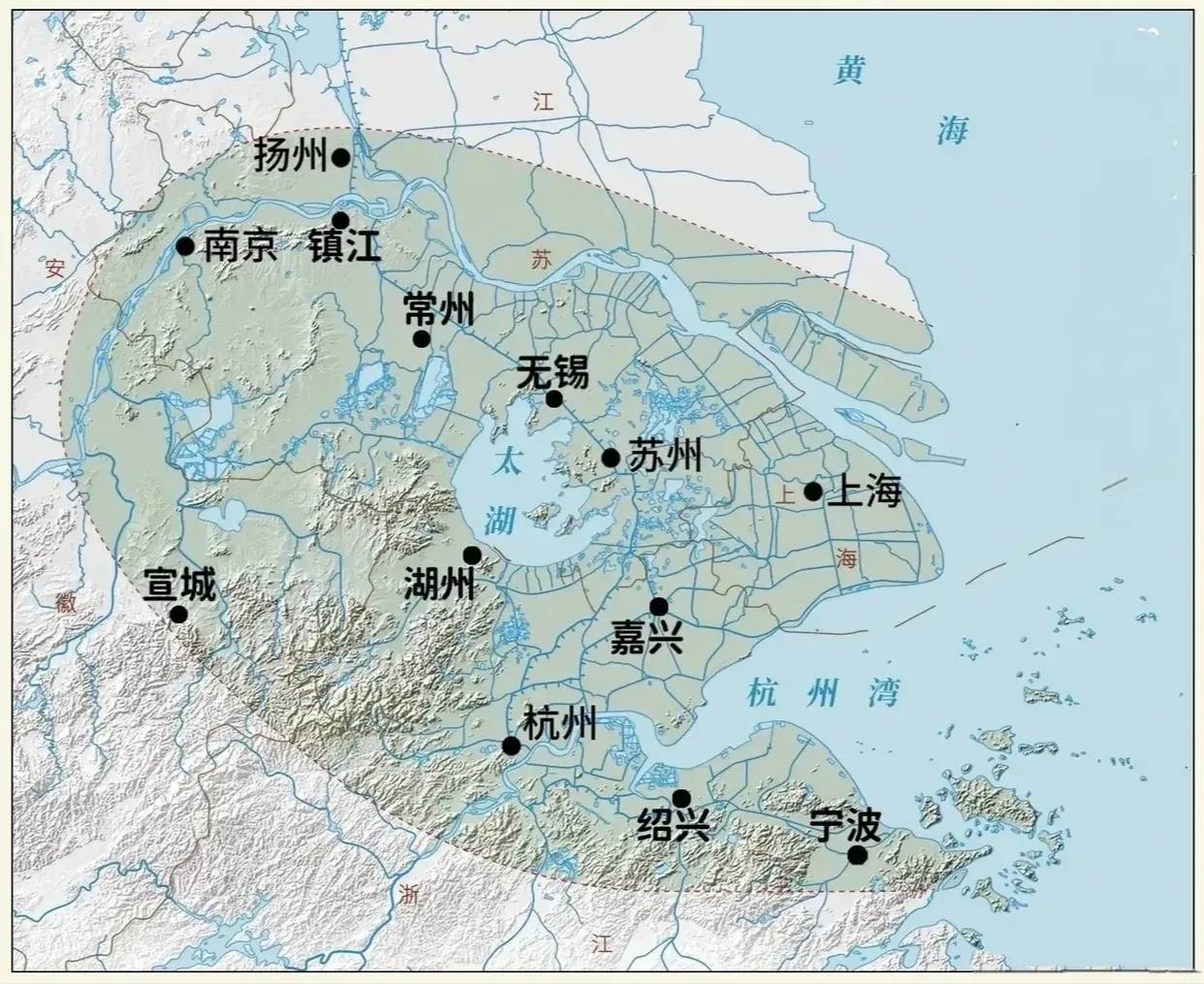 现在真正意义上的江南，应该就是图中这块地方了，如果还要缩小一点，就是苏、锡、常、杭、嘉、湖、绍、甬以及上海。

以前的扬州也是正宗的江南，现在已经成为江北文化区了。

这些城市里，江南文化保存最完好的