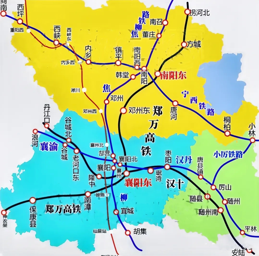南襄盆地主要的客运火车线

不管普速还是高铁，襄阳都比南阳略多两条线。两地联系紧密，应该常态化运行南襄之间的城际列车。