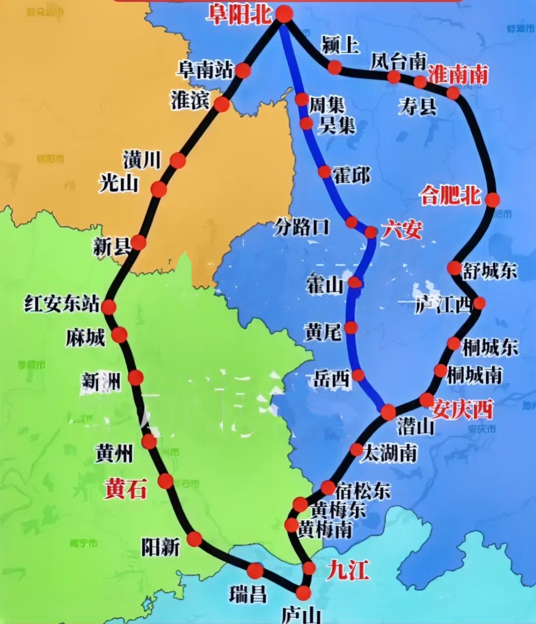 阜阳——九江高铁线路图

作为京九高铁重要组成部份大阜九高铁至今无开工迹象，阜九高铁之间三线路到底如何走扑朔迷离，中线的可能性最小。