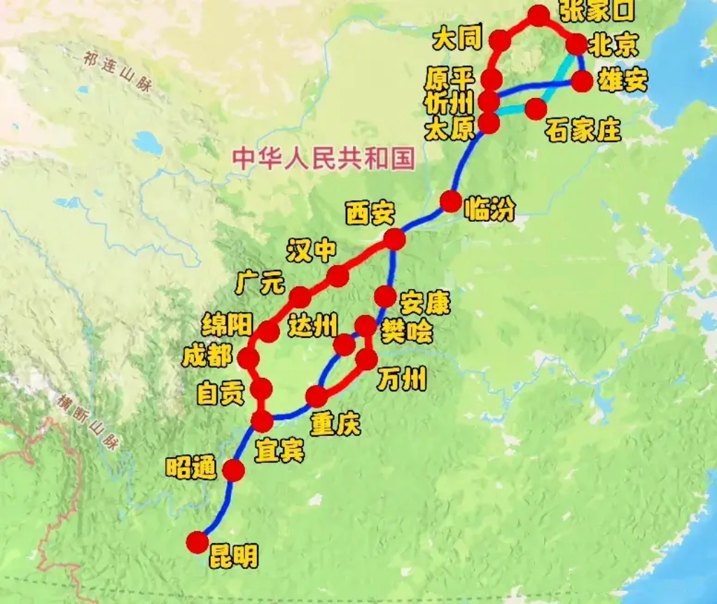 八纵八横京昆大通道，蓝色的为主通道，红色的为辅助通道，2028年全线通车，是昆明