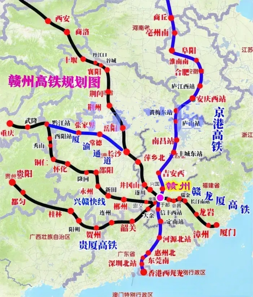 赣州高铁枢纽 配置超省会南昌

赣州是江西省第二大城市，以赣州为圆心，画一个半径