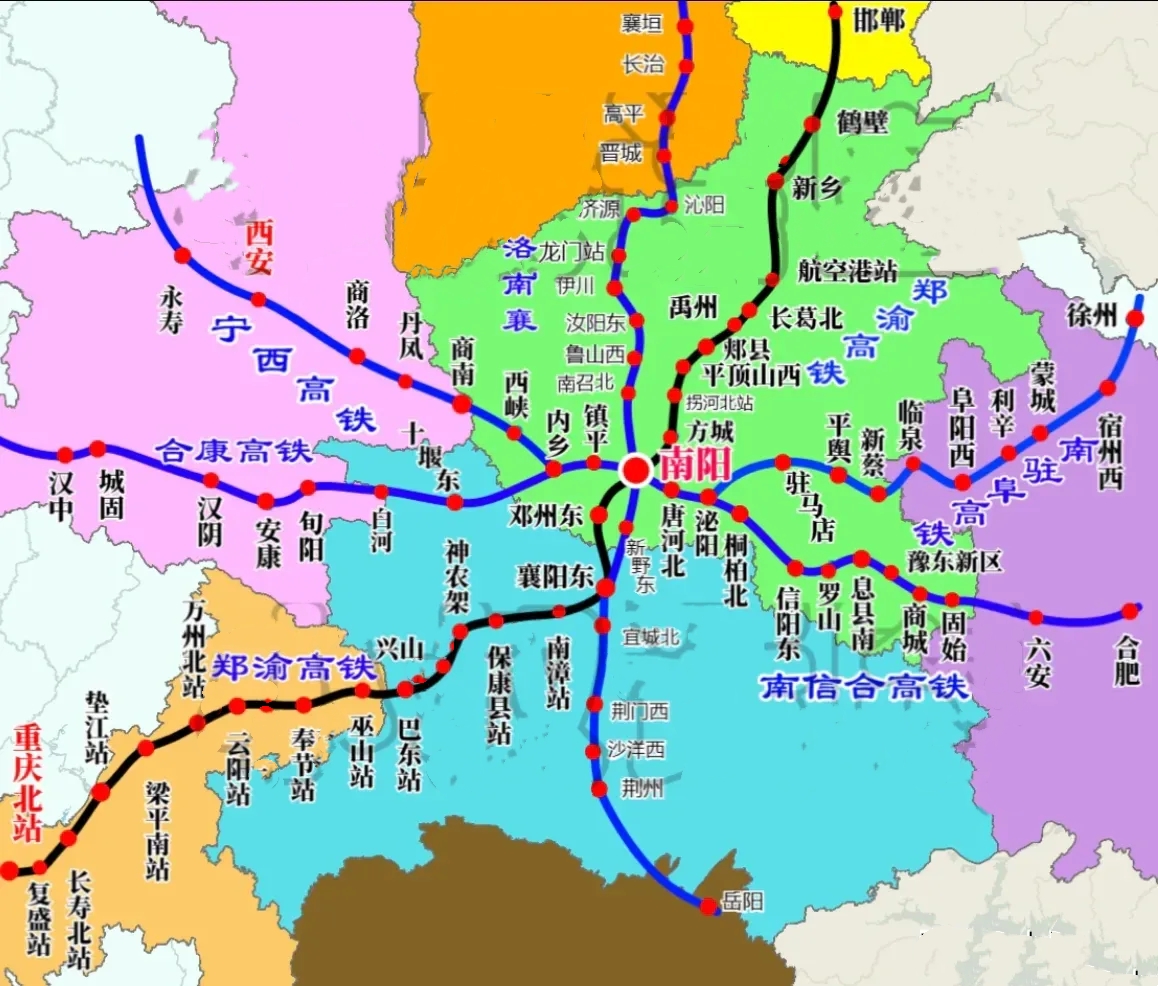南阳高铁规划图

未来的南阳宁西高铁、南十康高铁、洛南襄高铁、郑万高铁四条高铁聚