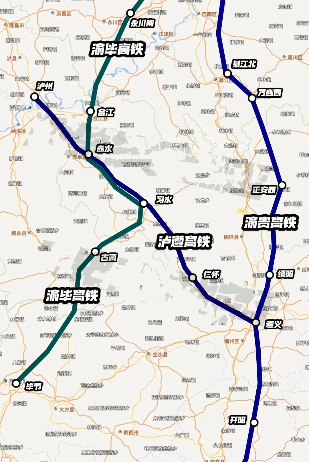 贵州、重庆、四川交界地区3条高铁发展进度

目前渝贵高铁以及渝毕高铁已经获得官方