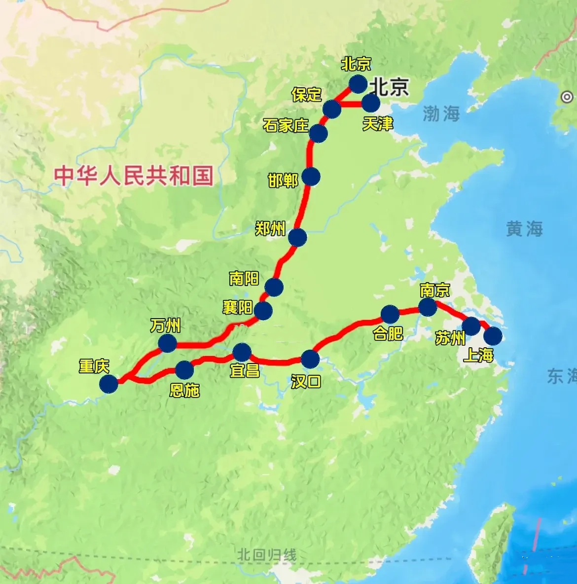 重庆通往3大直辖市的高铁动车，北京天津方向除渝万段时速250，其余路段时速350