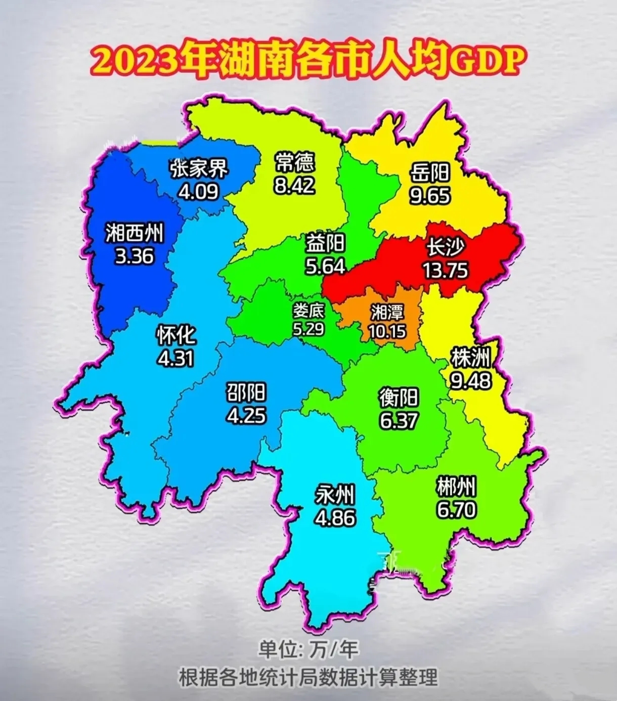 这么看，湖南贫富差距也太大了吧。

东边的长株潭、岳阳像是欧美，经济非常发达，一