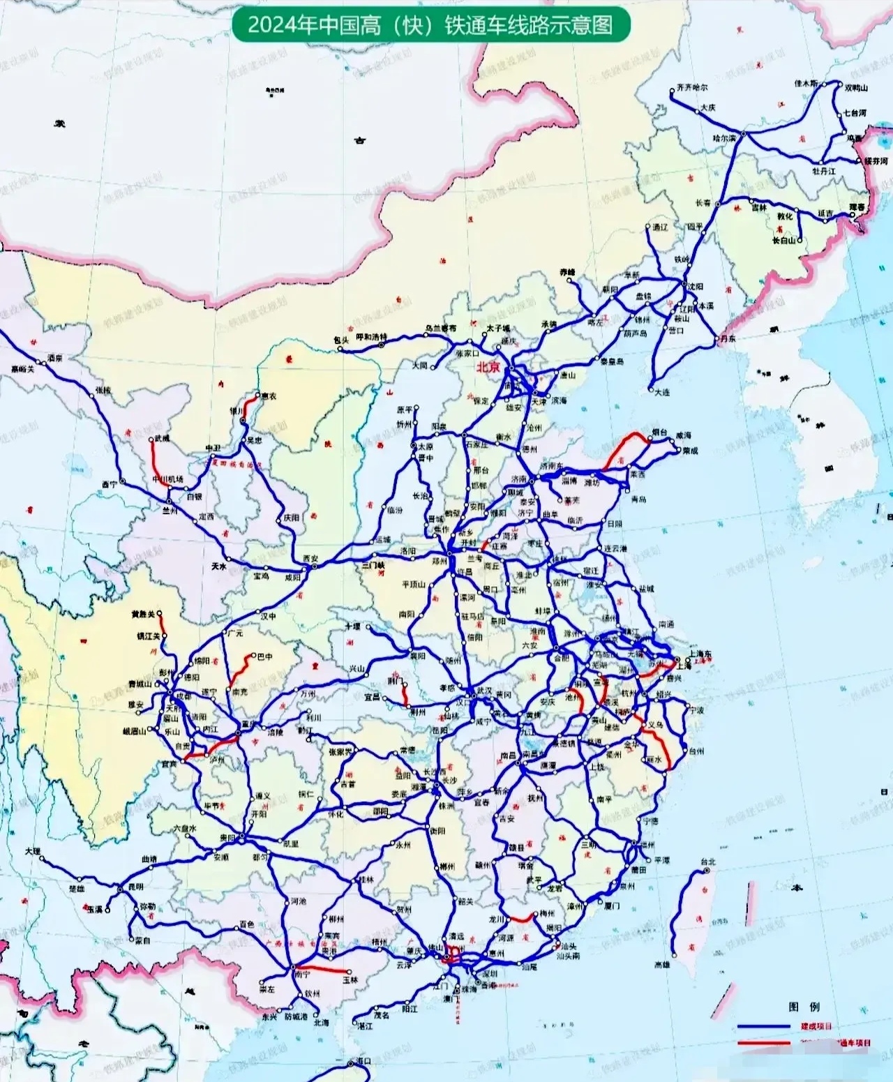 2024年中国高铁通车线路图

中国高铁网逐步趋于完善，以下5条线路开通后，中国高铁网建设基本进入尾声。

​1、包头-惠农
2、黄胜关-兰州
3、宜宾-昆明
4、白色-河池-桂林-郴州-赣州
5、张