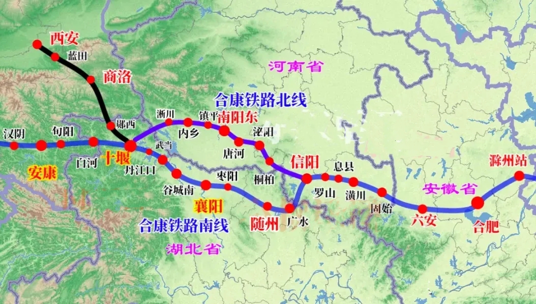 南襄两地双线高铁——合康高速铁路

合肥安康高铁沿途所经过的城市，南北线双方案，
